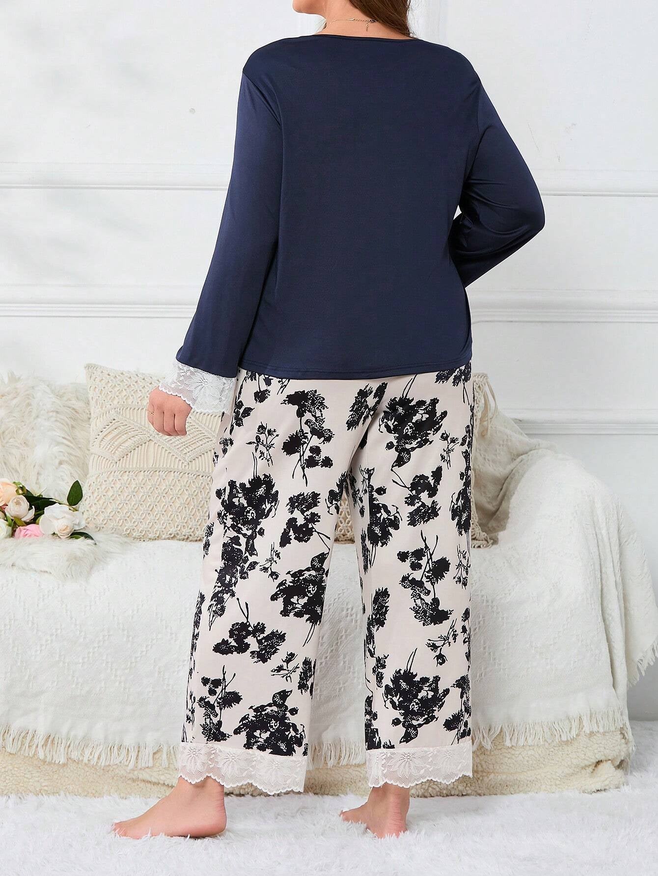 Plus Floral Print Contrast Lace PJ Set
