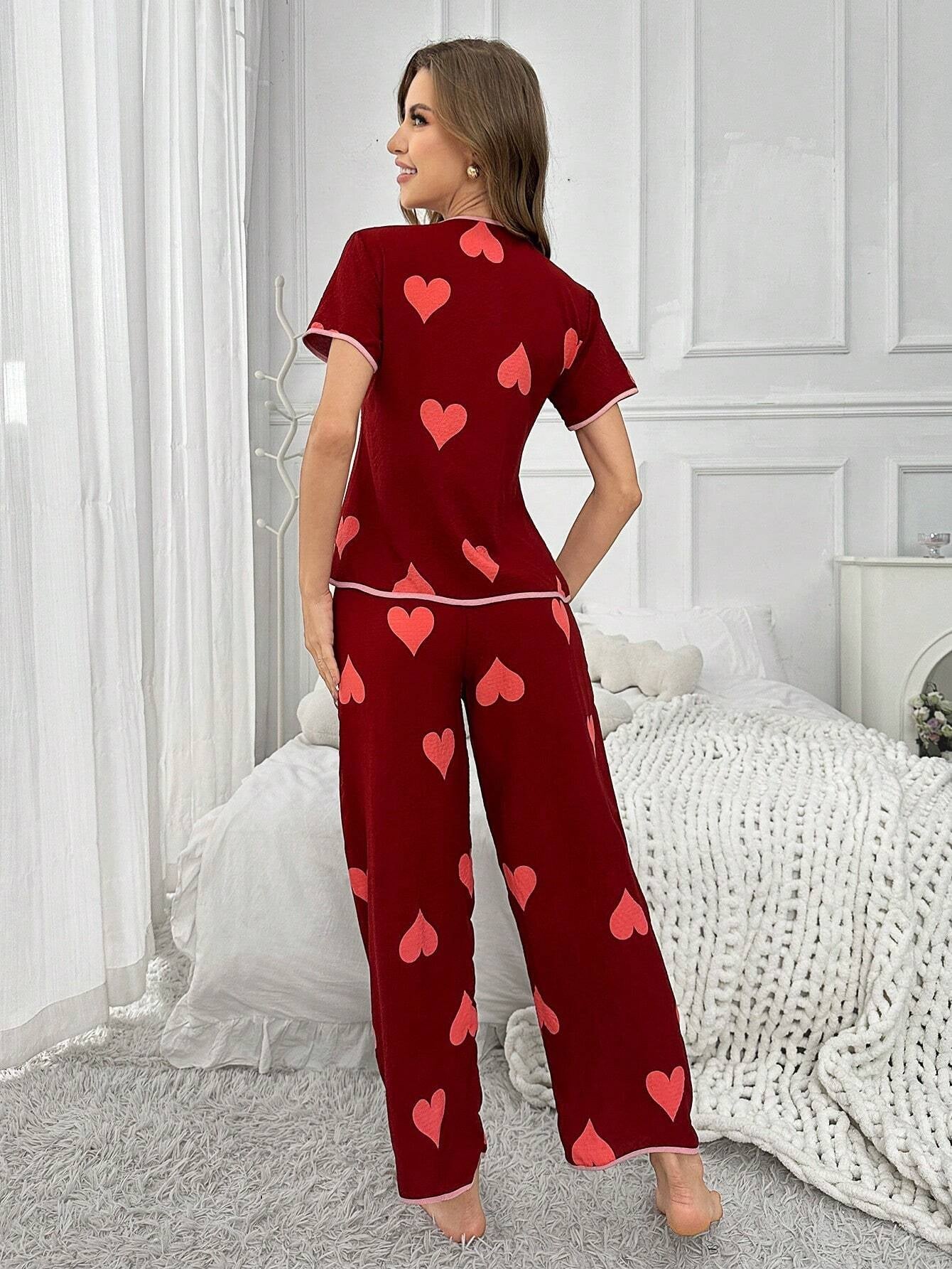 Heart Print Contrast Trim Short Sleeve Top and Long Pants Pajama Set