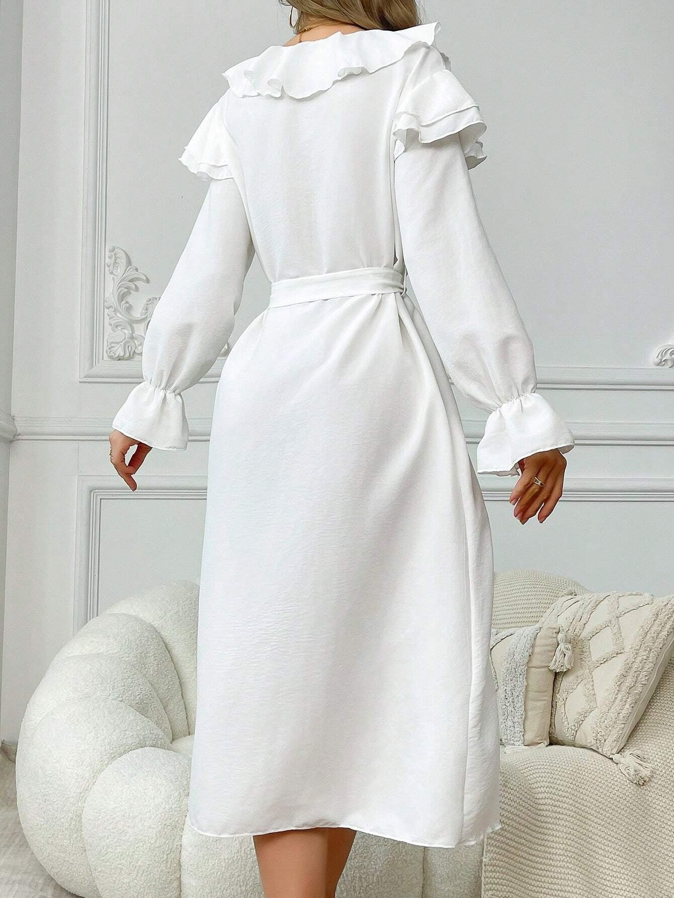 Solid Colored Tie-Waist Women'S Robe with Ruffle Hem