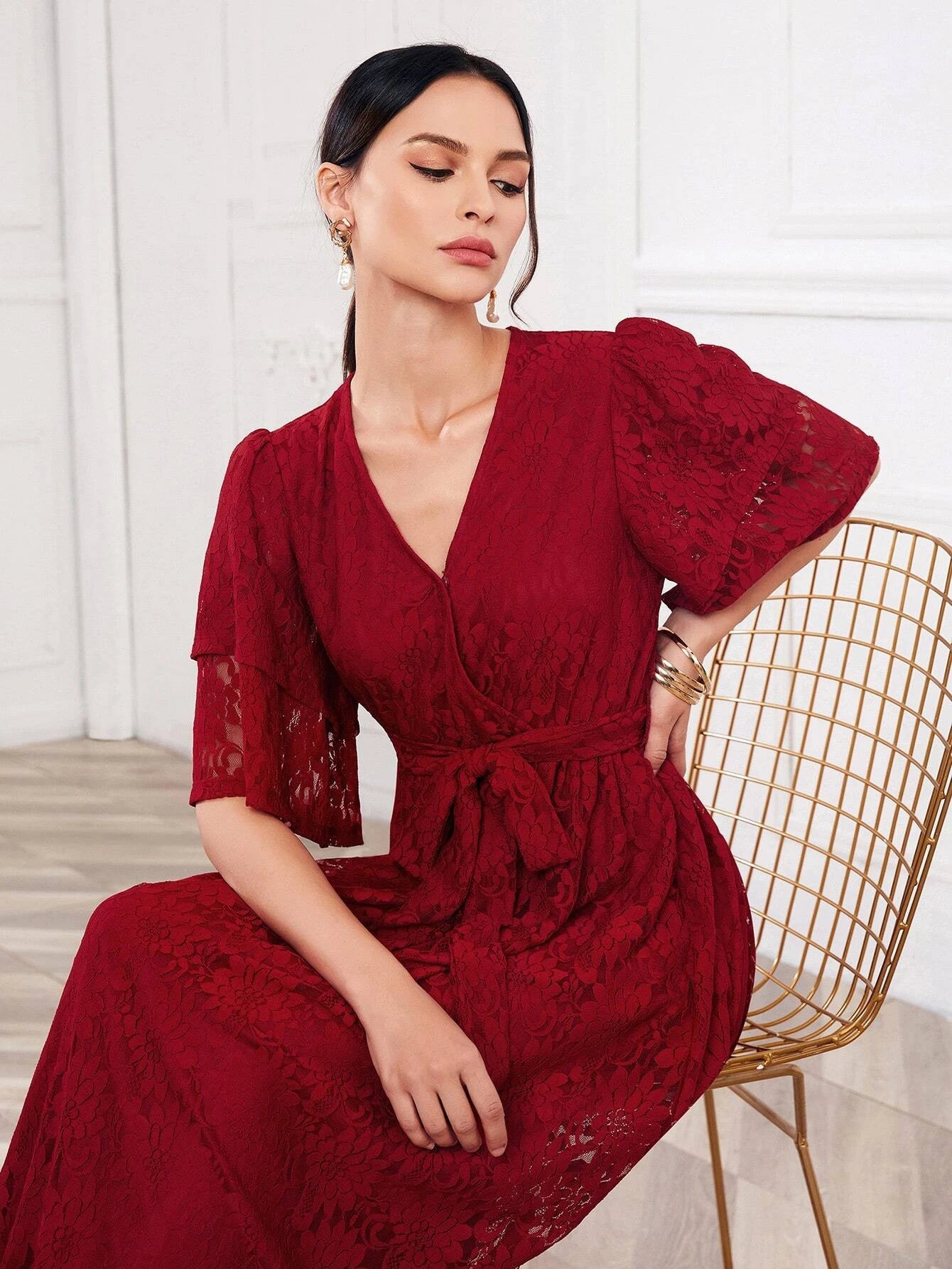 Modely Surplice Neck Butterfly Sleeve Belted Lace Overlay Dress