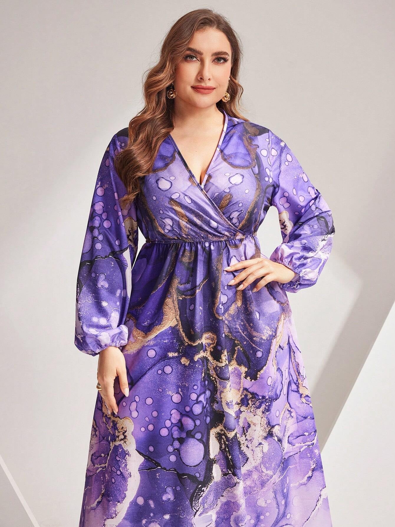 Modely plus Size Printed Lantern Sleeve Dress