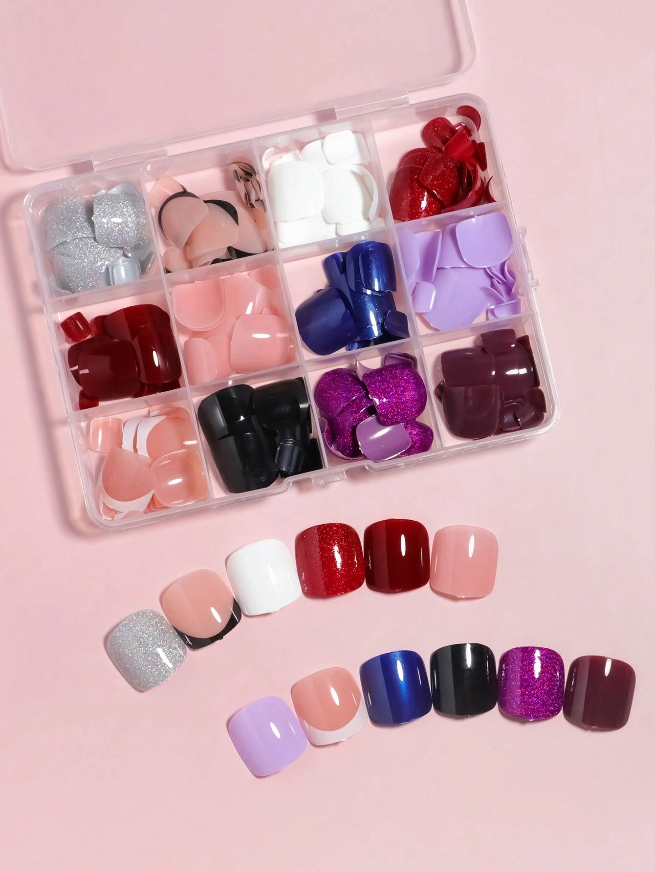 288Pcs(12Packs) Short Square Press on Toenails 3 Glitter Press on Toenails Full Cover, 7 Glossy False Toenails for Feet, 3 Printing Design Fake Toenails for Summer Nail Art Set for Women and Girls with Re-Usable Storage Box