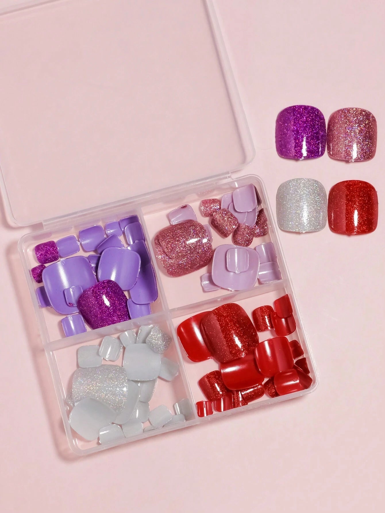 288Pcs(12Packs) Short Square Press on Toenails 3 Glitter Press on Toenails Full Cover, 7 Glossy False Toenails for Feet, 3 Printing Design Fake Toenails for Summer Nail Art Set for Women and Girls with Re-Usable Storage Box