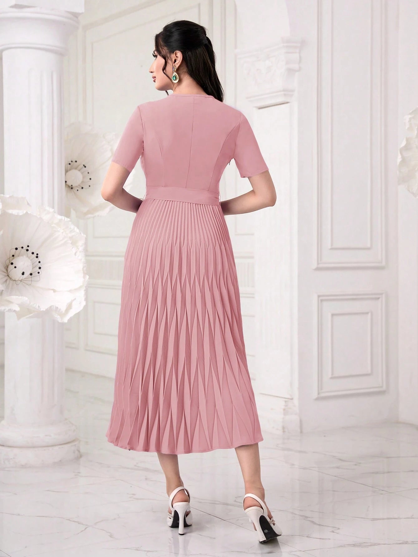 Modely Pearls Beaded Detail Belted Pleated Hem Dress