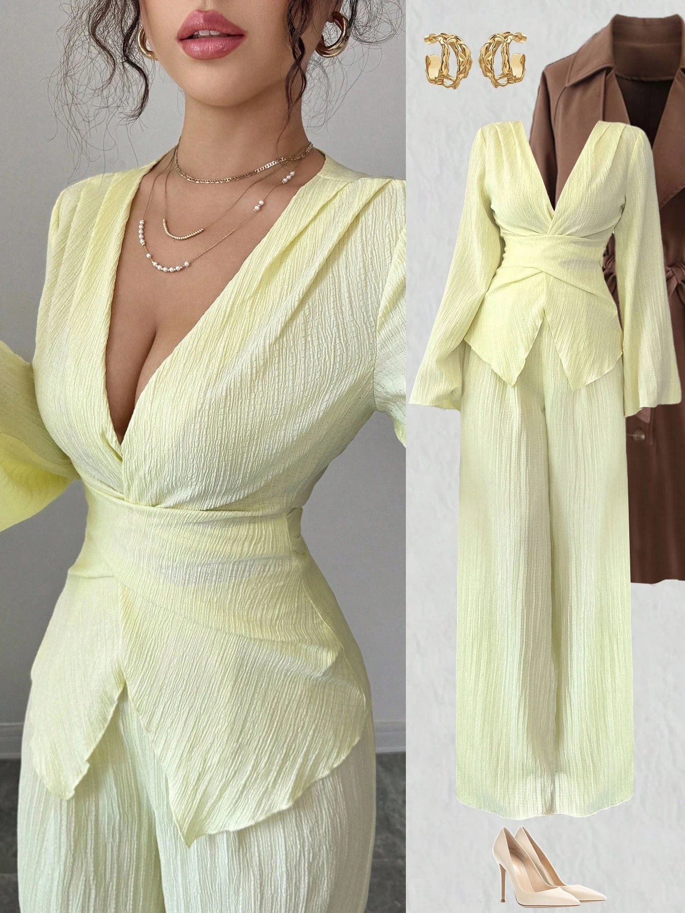 SHEIN Elenzga طقم نسائي قطعتين بلوزة بربطة خصر وبنطال واسع الساق