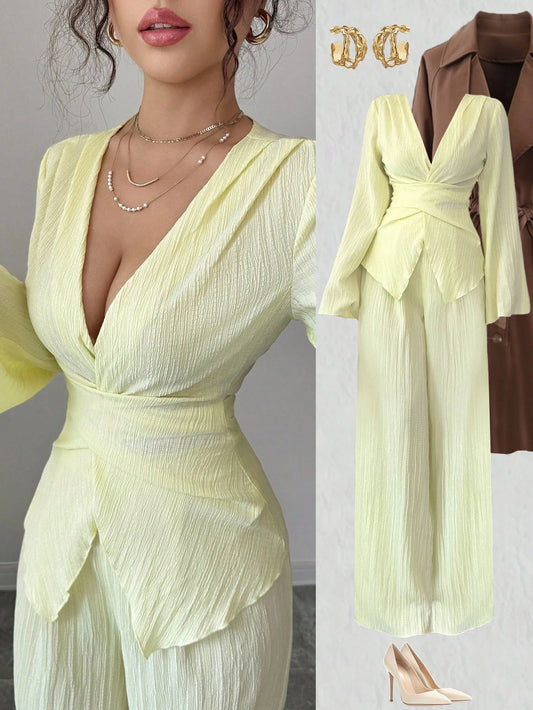 SHEIN Elenzga طقم نسائي قطعتين بلوزة بربطة خصر وبنطال واسع الساق