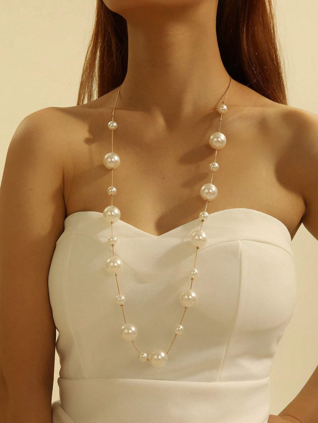 1Pc European and American Popular Long Faux Pearl Sweater Chain Necklace