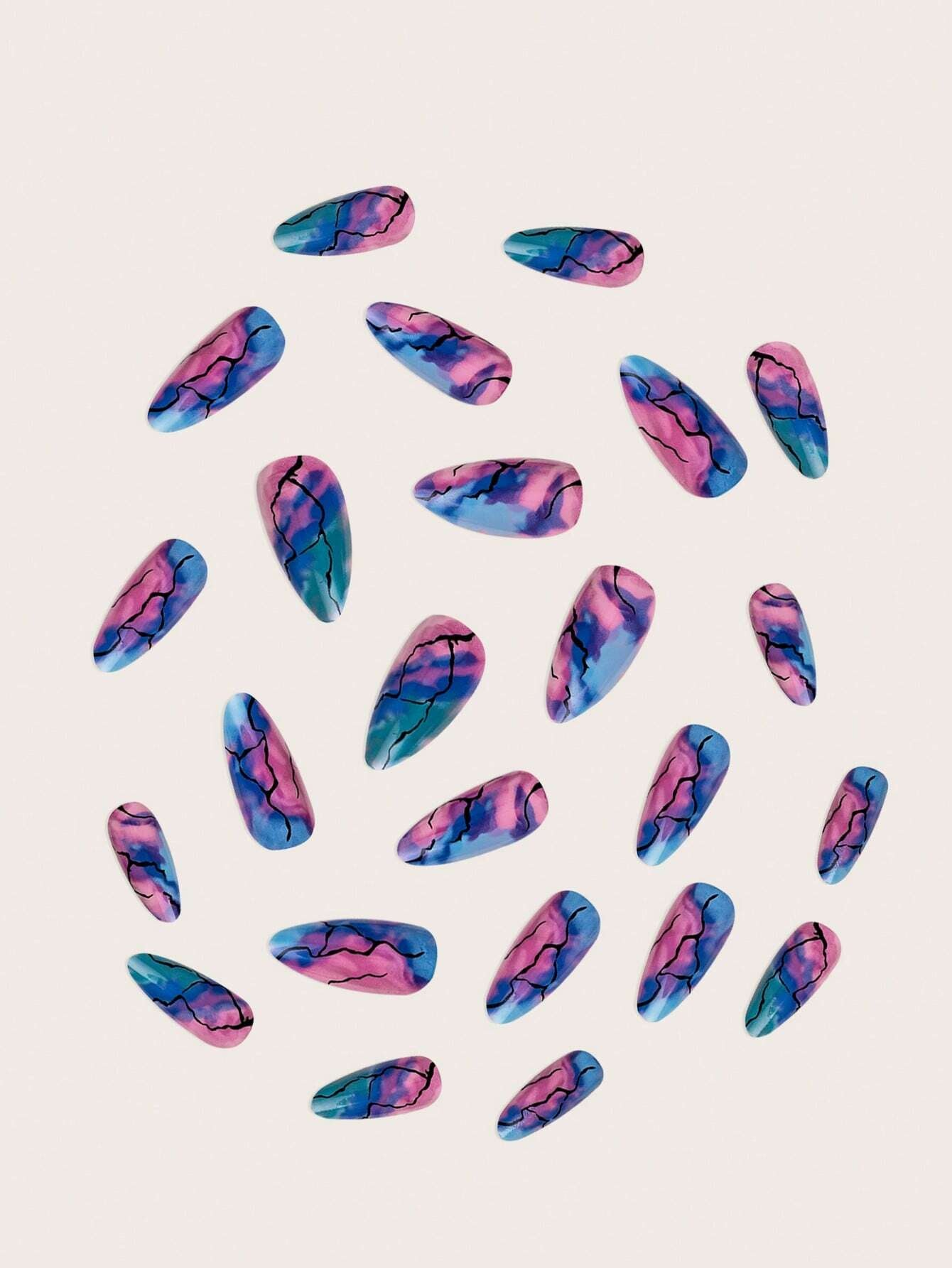 24Pcs/Box Galaxy Blue Starry Sky Almond Nail Tips with Ombre Effect + 1Pc Jelly Glue + 1Pc Nail File