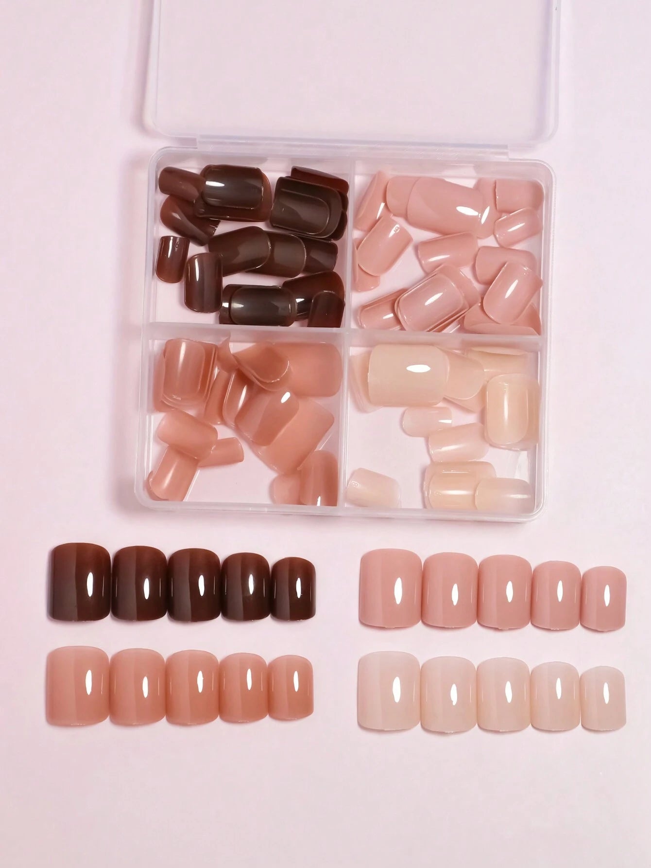 96Pcs(4Different Colors) Brown/Nude Solid Glossy Wearable Nail Art Lovely Short Square Fake Nails Detachable Finished False Nails Press on Nails as Gifts for Women and Girls with Storage Box