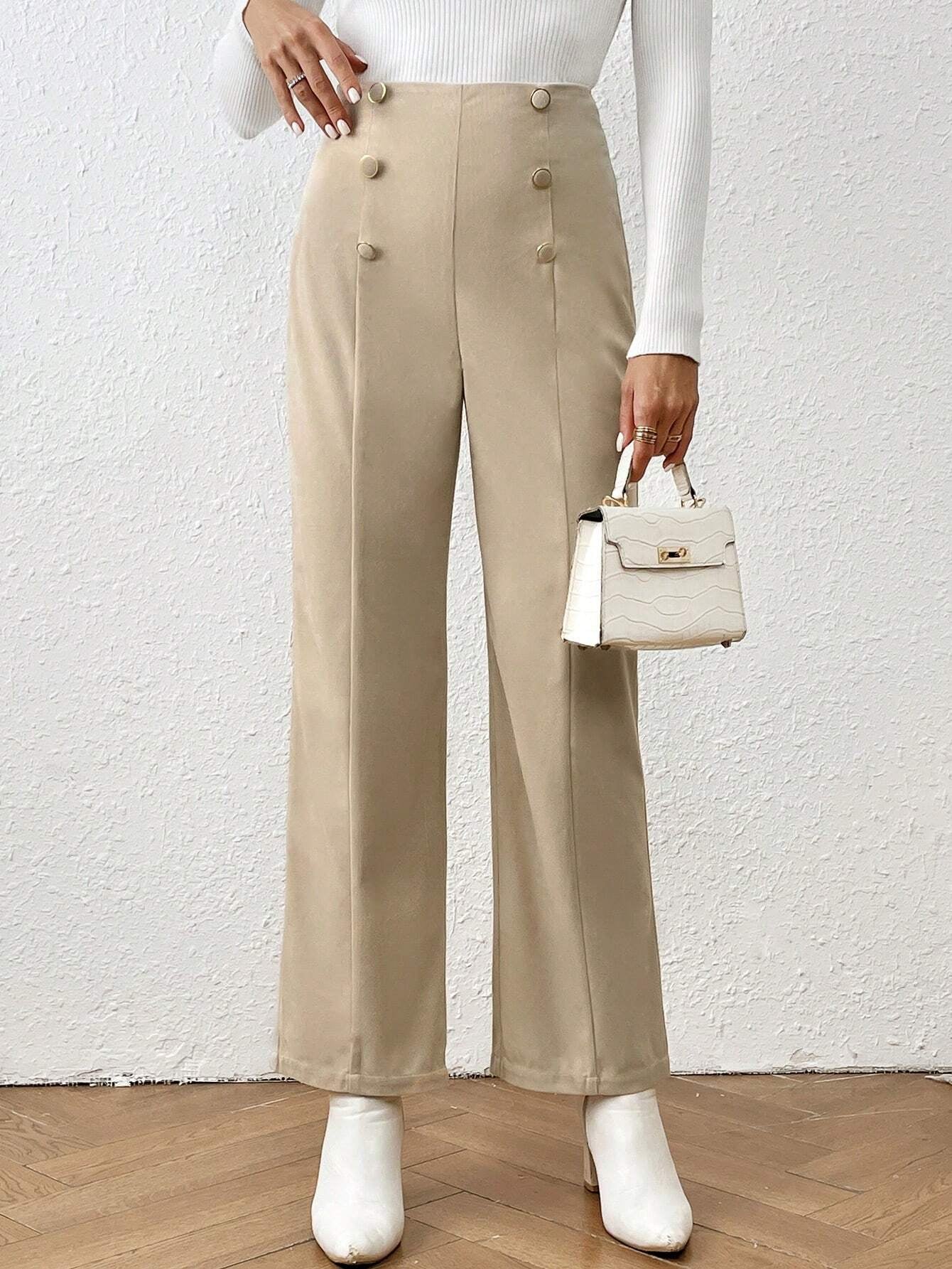 Frenchy High-Waisted Straight Leg Pants with Double Breasted Decoration