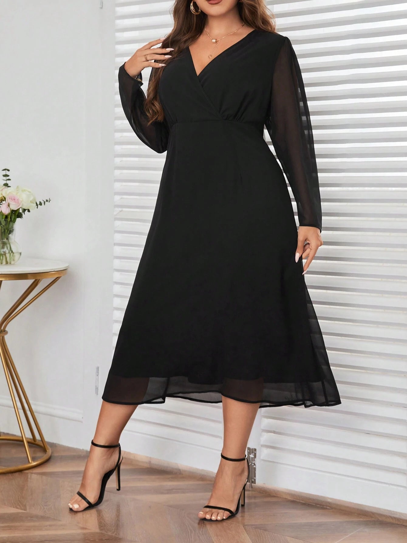 Privé plus Size Wrap Neck Long Sleeve Dress