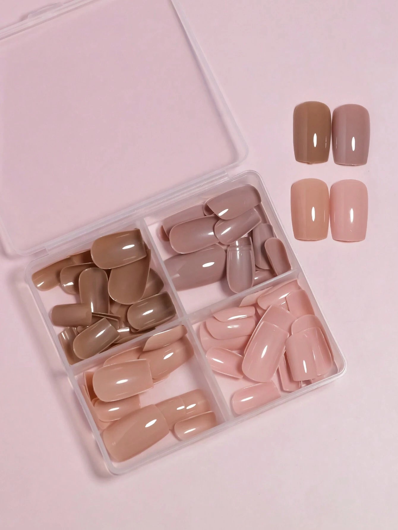 96Pcs (Matte Dark Brown/Matte Nude/Shiny Nude/Shiny Light Nude) DIY Colors Combined Gradient Design Natural Looking Press on Nails Short Fake Nails Square Nails Set with Storage Box as Gift for Women and Girls