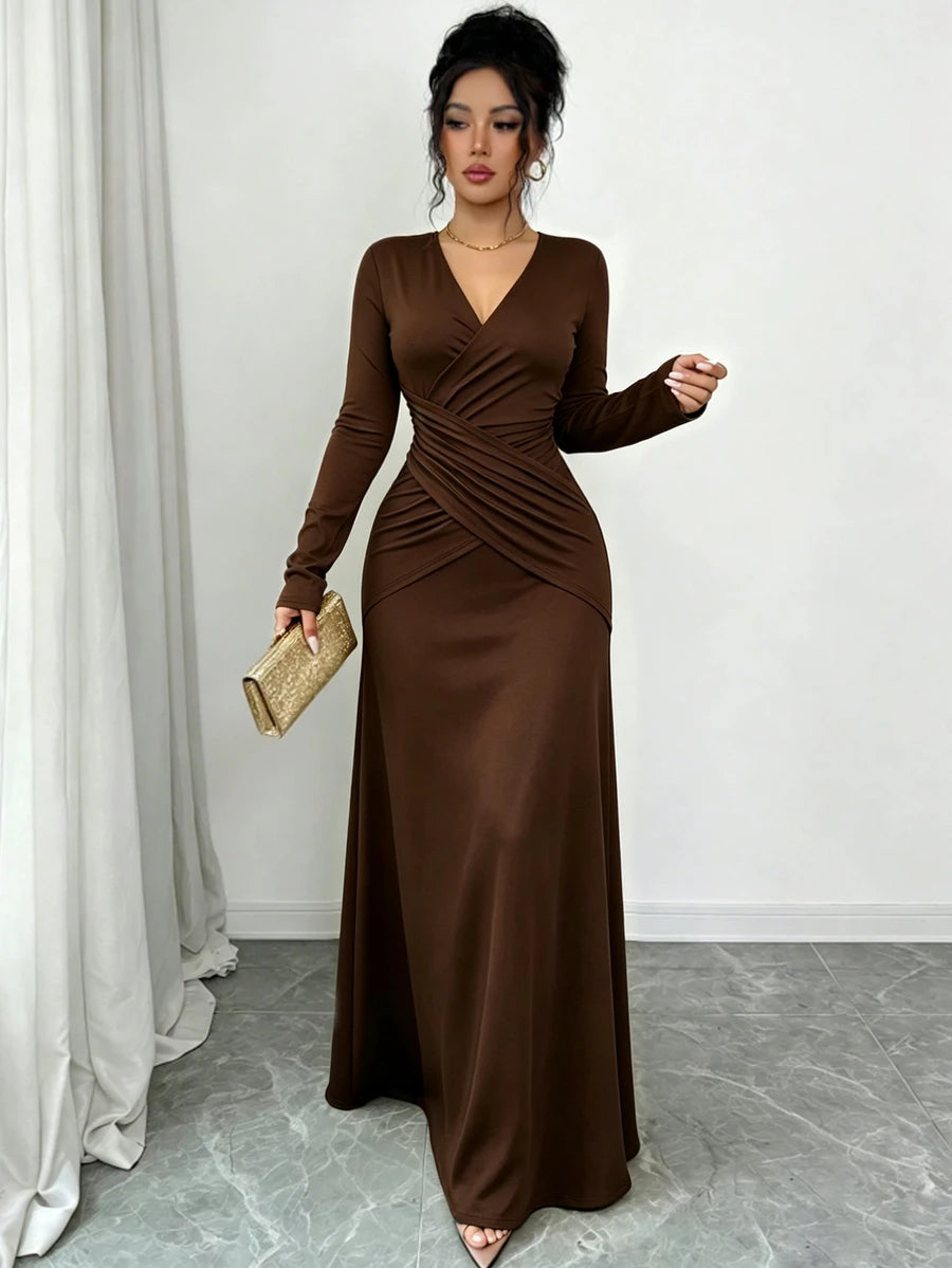 SHEIN Elenzga فستان بني بخصر ملتف وأكمام طويلة
