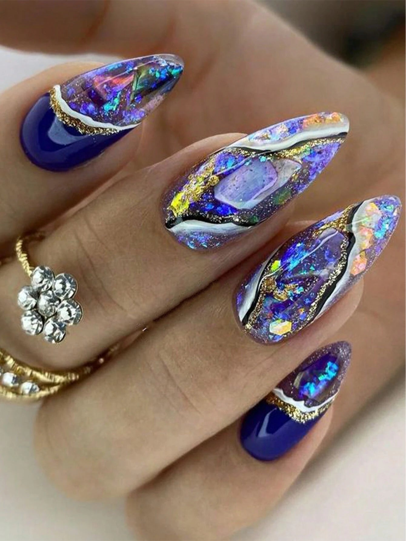 Galaxy Gradient Sparkling Powder Medium Almond Shape False Nails Set(24Pcs)+1Pc Jelly Glue+1Pc Nail File