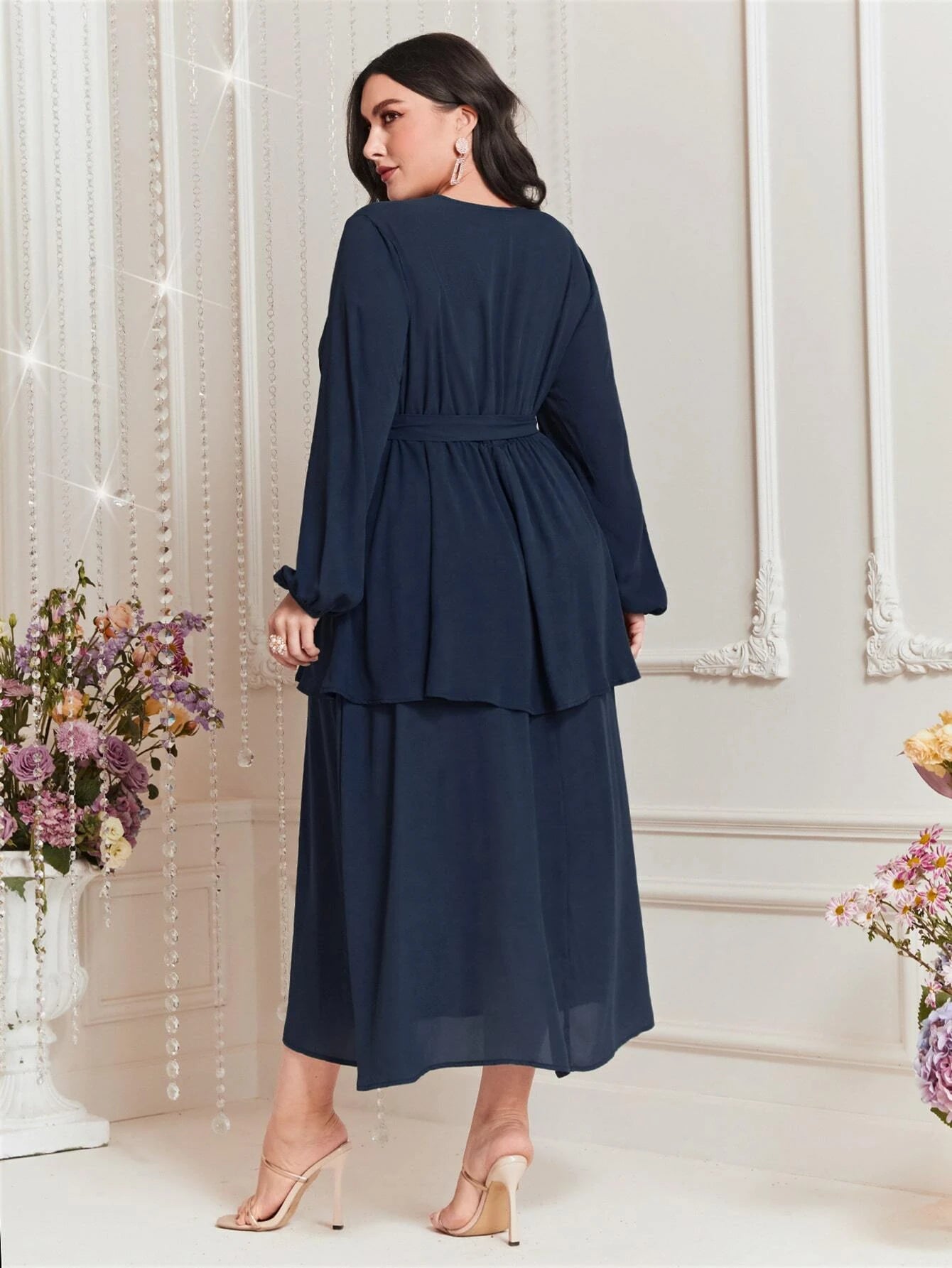 Modely plus Size Embroidered Decor Lantern Sleeve Dress