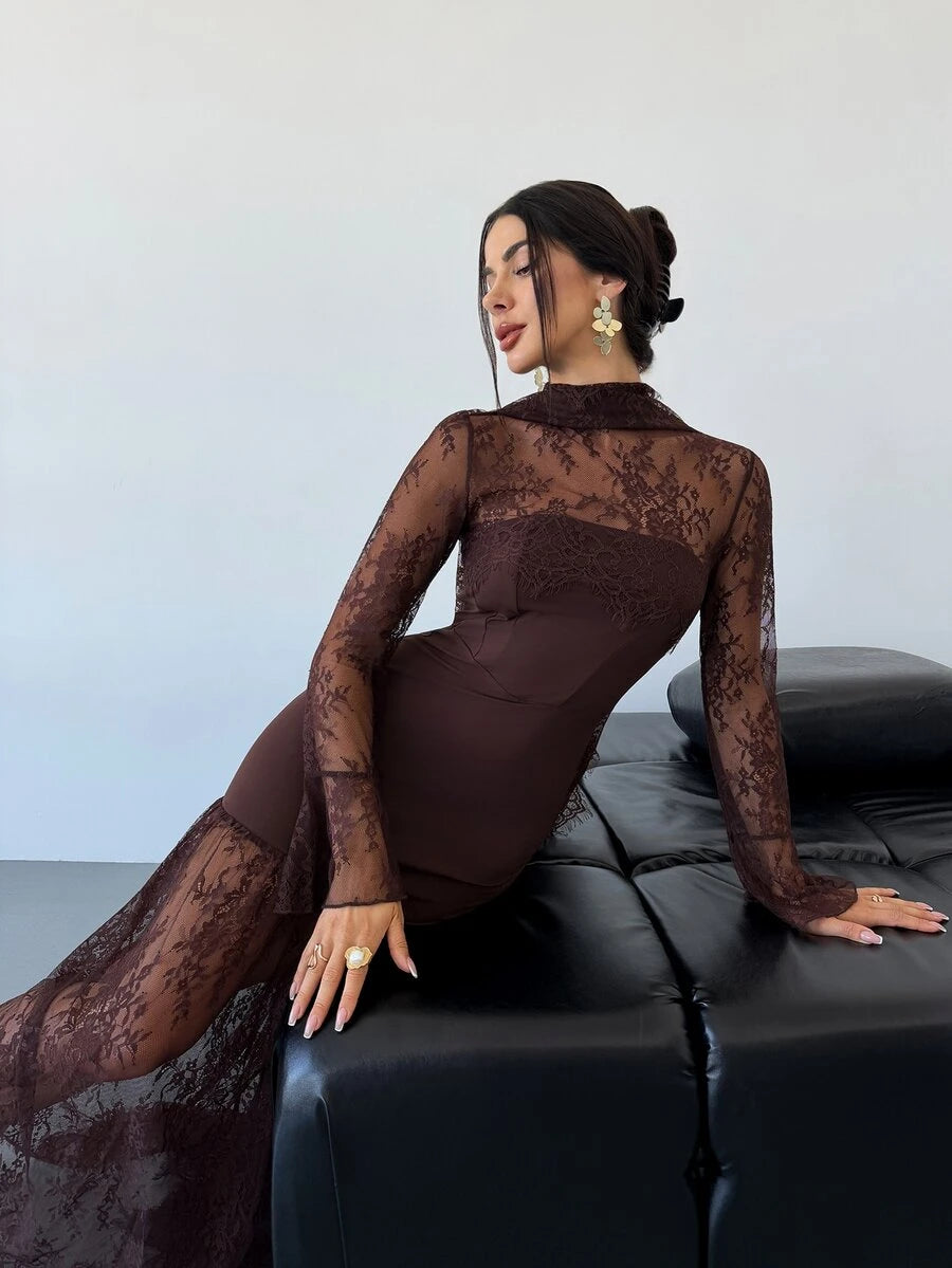 SHEIN Firerie فستان بني بأكمام طويلة وتفاصيل دانتيل وشريط شفاف