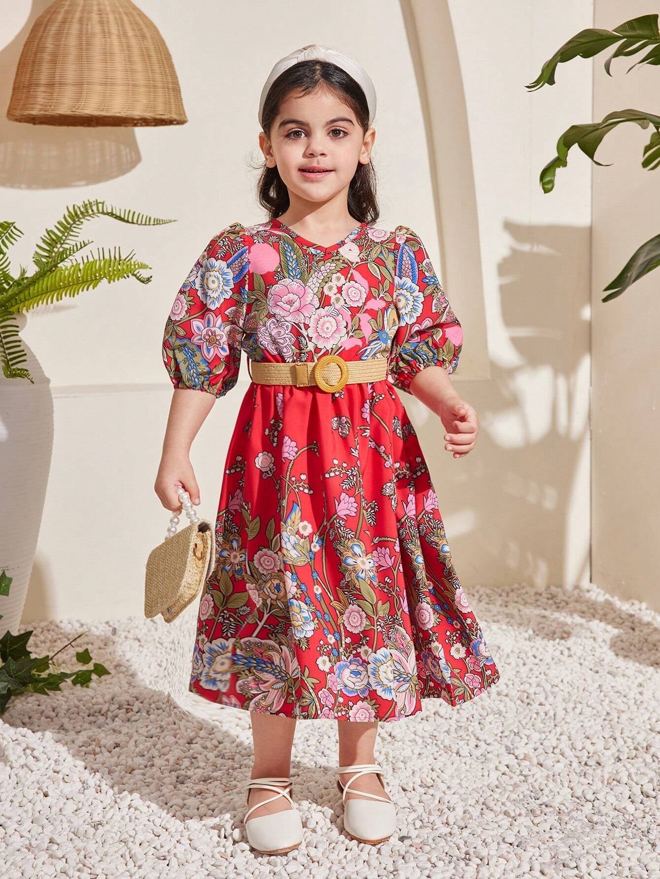 Young Girl Floral Printed V-Neck Puff Sleeve Dress