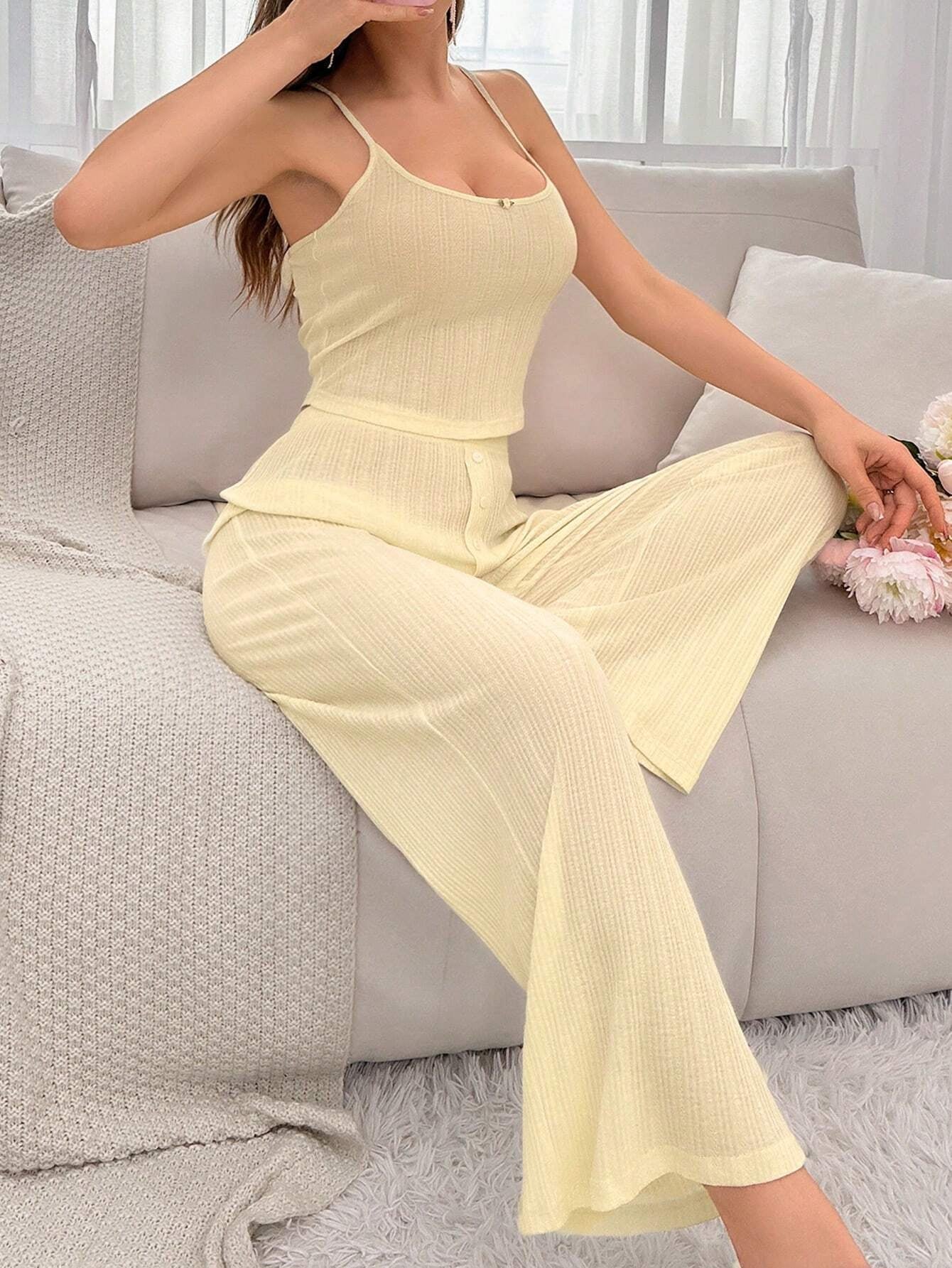 Women'S Solid Color Ribbed Casual Homewear Set
