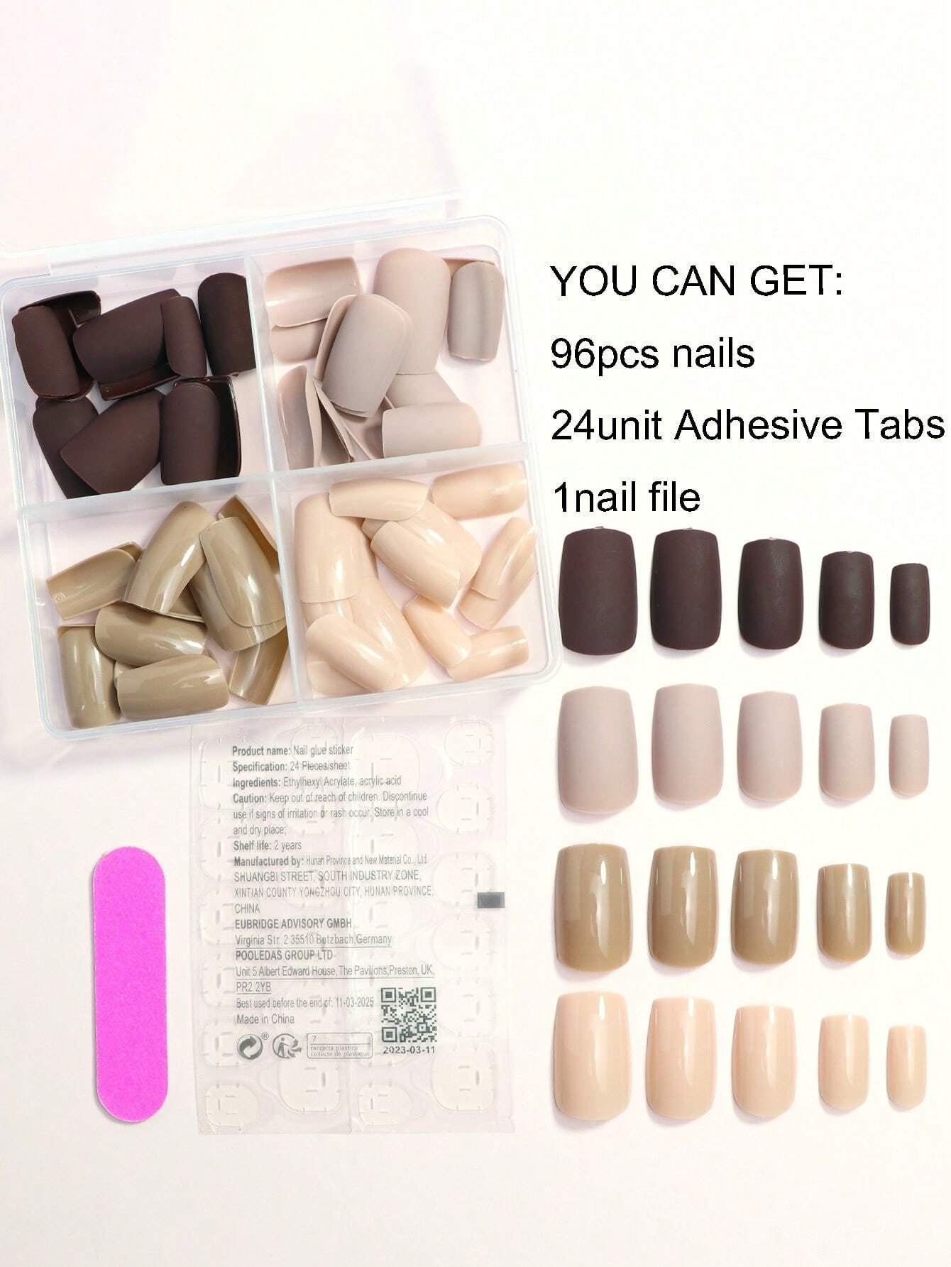 4 Colors (96 Pcs) Square Shape Press Nails Medium Size False Nails Brown Series Fake Nails Acrylic Faux Gloss Design Nails Full Coverage Nails for Women and Girls as Gifts