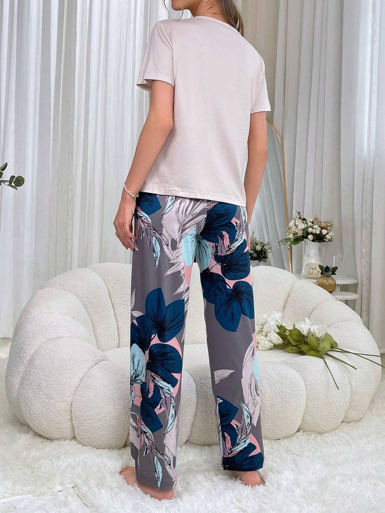 Women'S Pure Color Top and Flower Print Pants Pajama Set