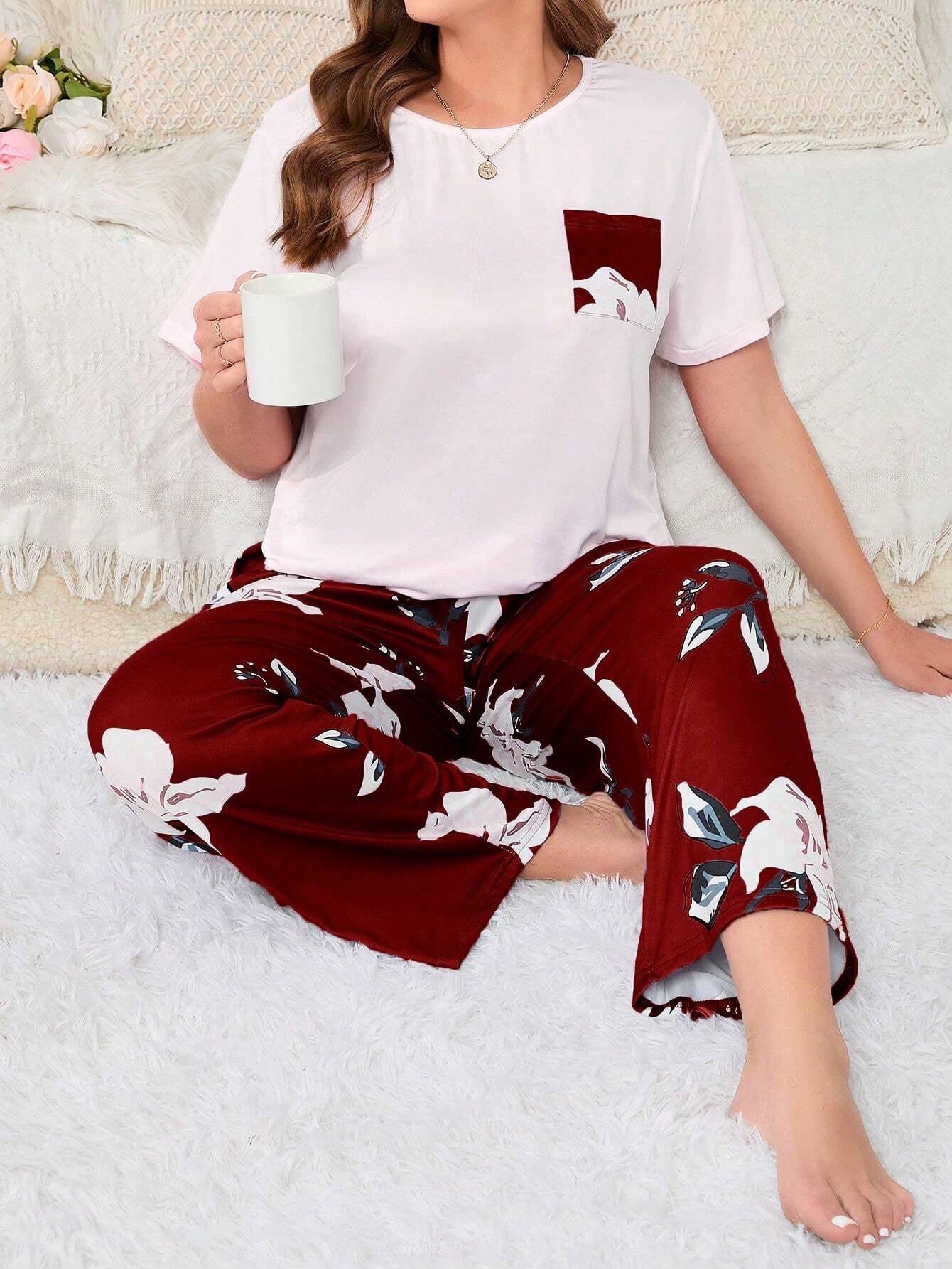 Plus Size Flower Print Pajama Set