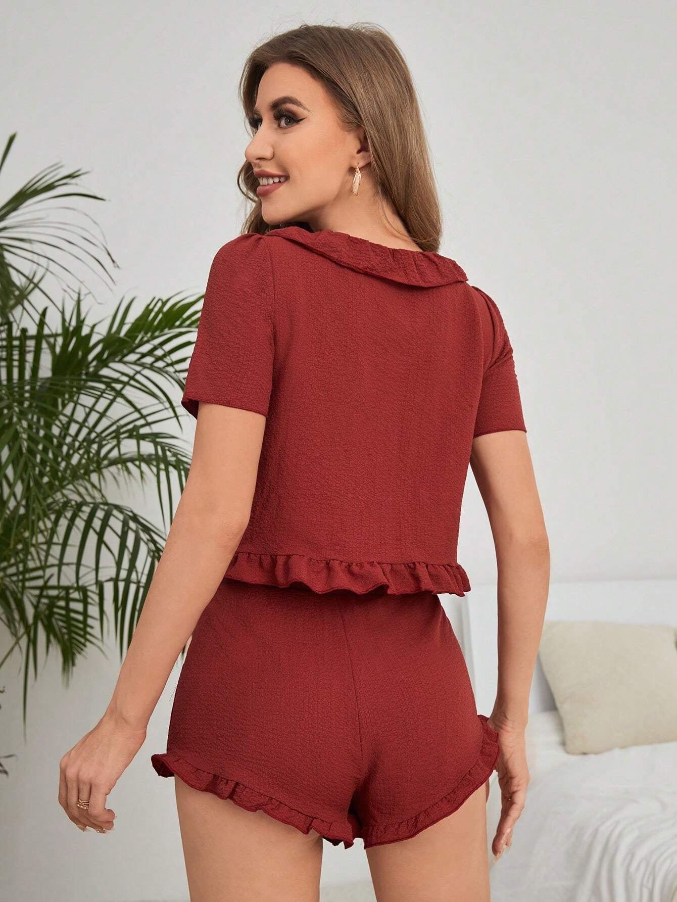 Ruffle Trim Tee & Tie Front Shorts Lounge Set