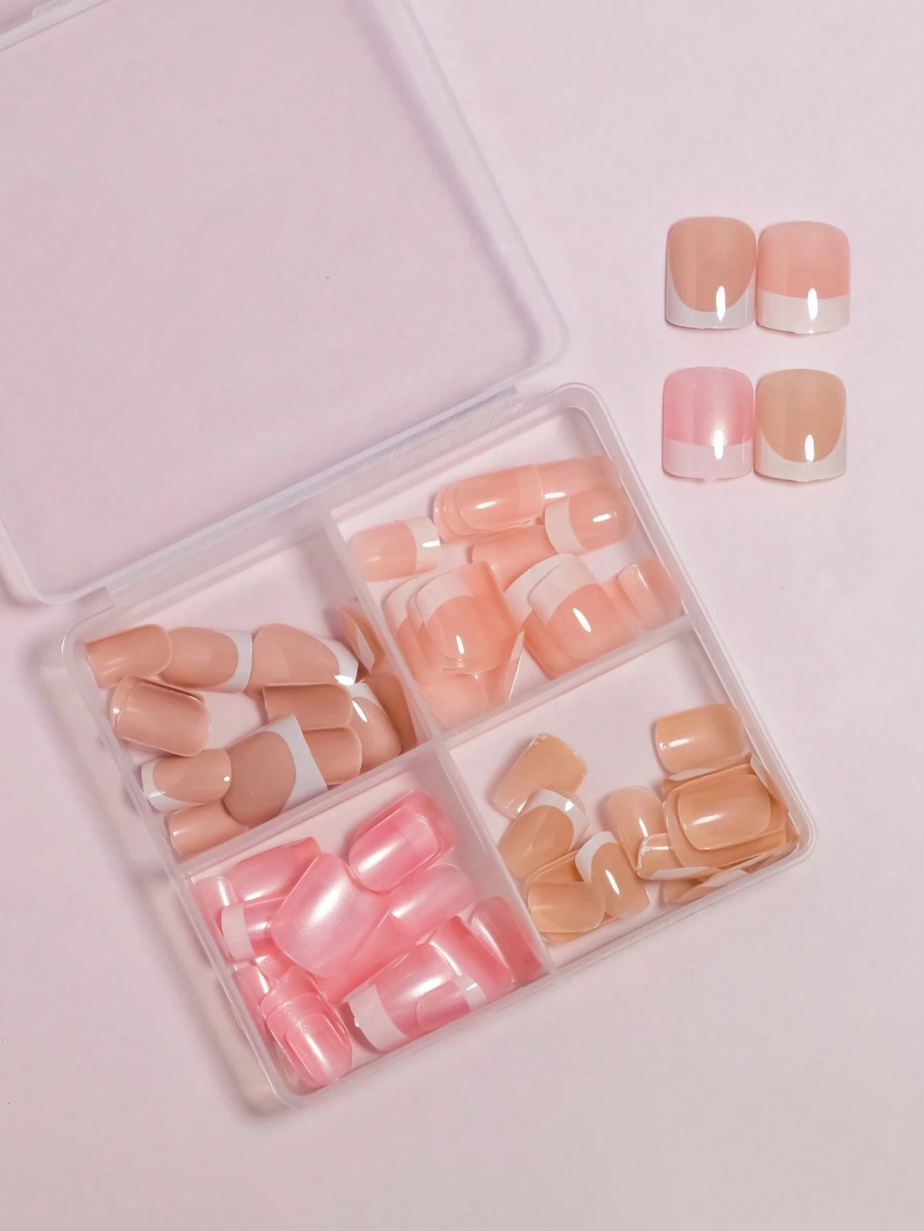 96Pcs(4Colors) Short Square Press on Nails Acrylic Short Fake Nails Full Cover Black and White French Designs Shiny Glue on Nails False Nail as Gift for Women and Girls with Storage Box