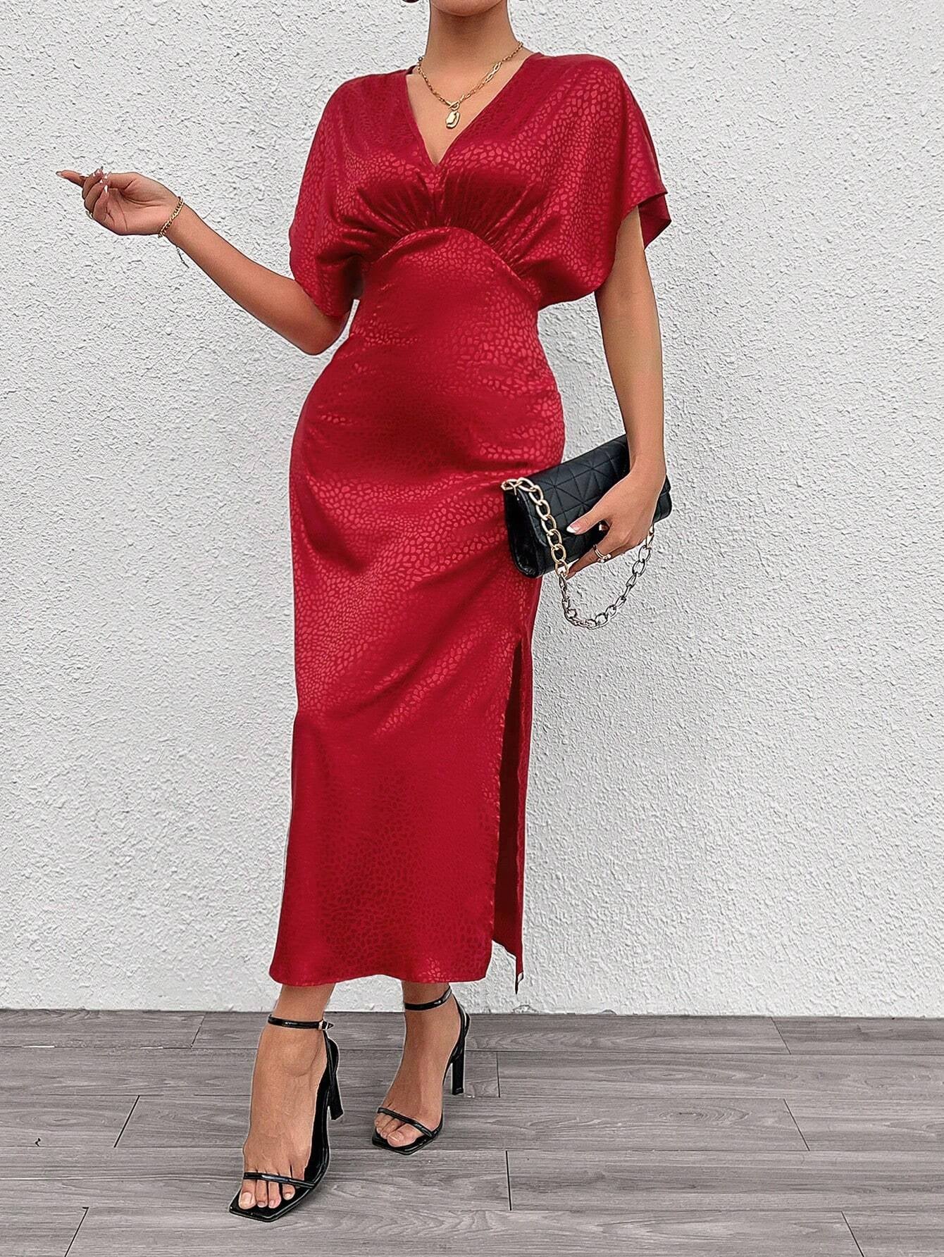 Privé Solid Color V-Neck Slit Dress