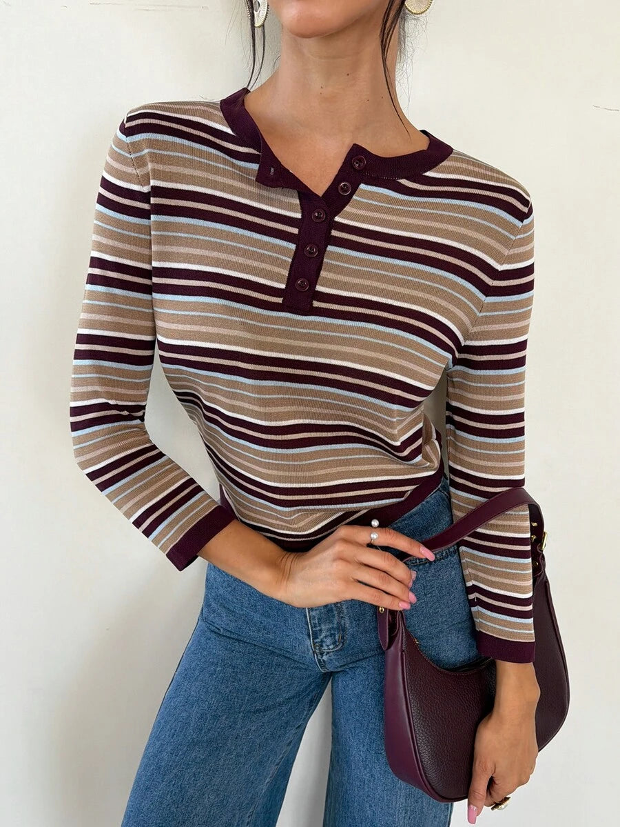 SHEIN Firerie تي شيرت نسائي بأكمام طويلة وتصميم هينلي