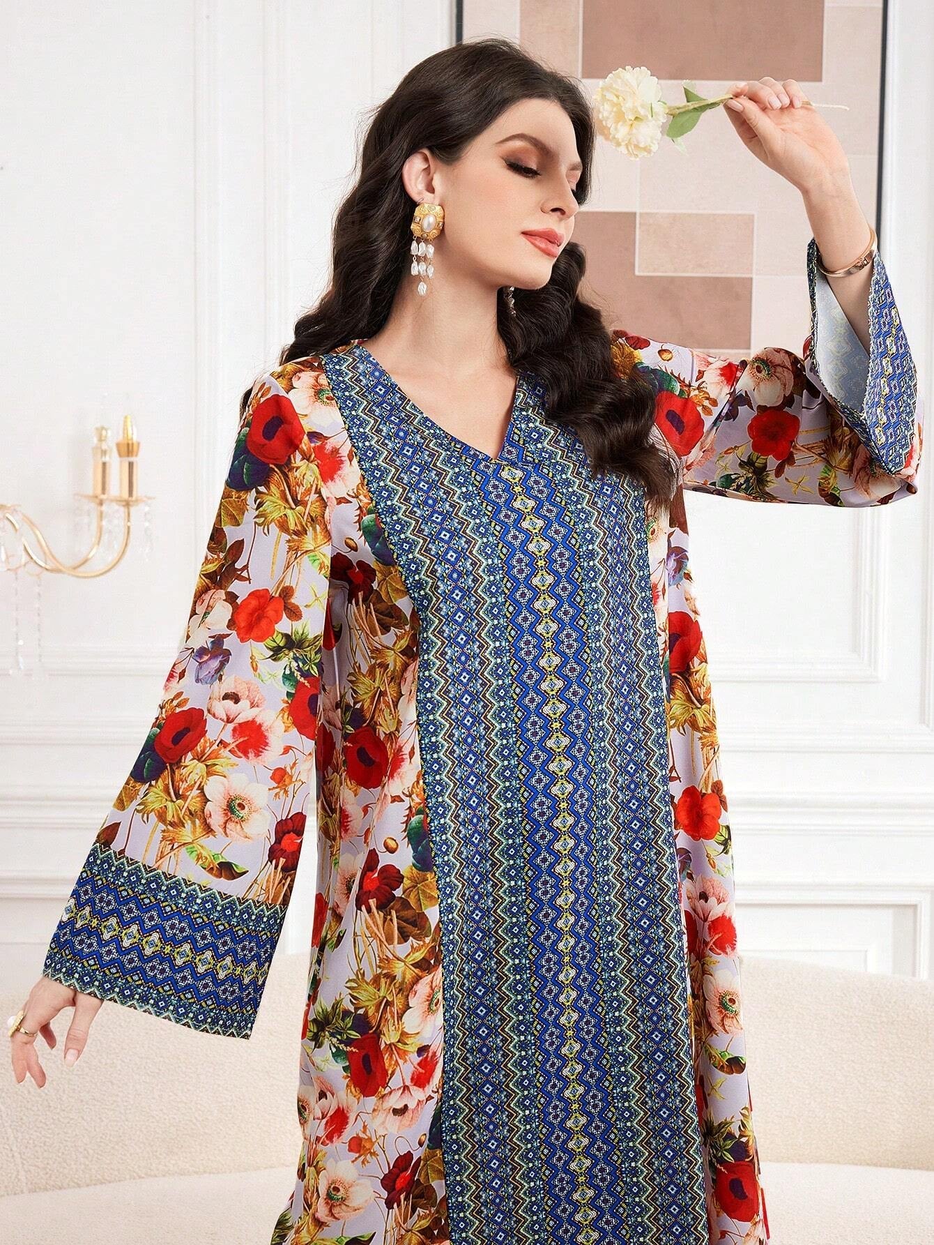 Najma Floral Print V Neck Flounce Sleeve Dress