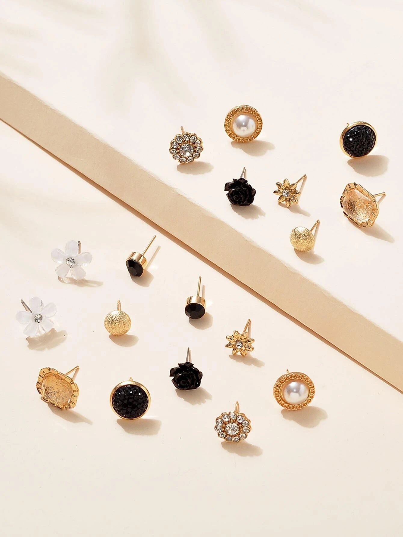 9Pairs/Set Rhinestone & Flower Decor Stud Earrings
