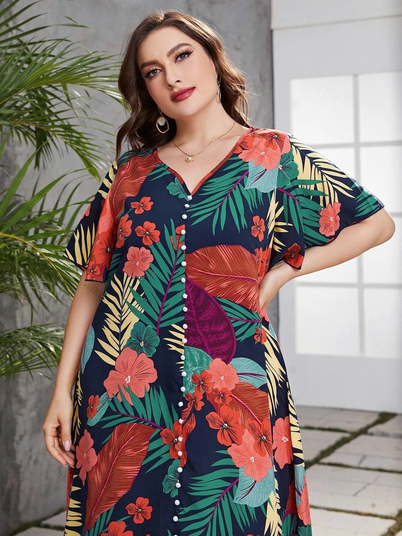 Mulvari plus Tropical Print Butterfly Sleeve Fake Button Dress