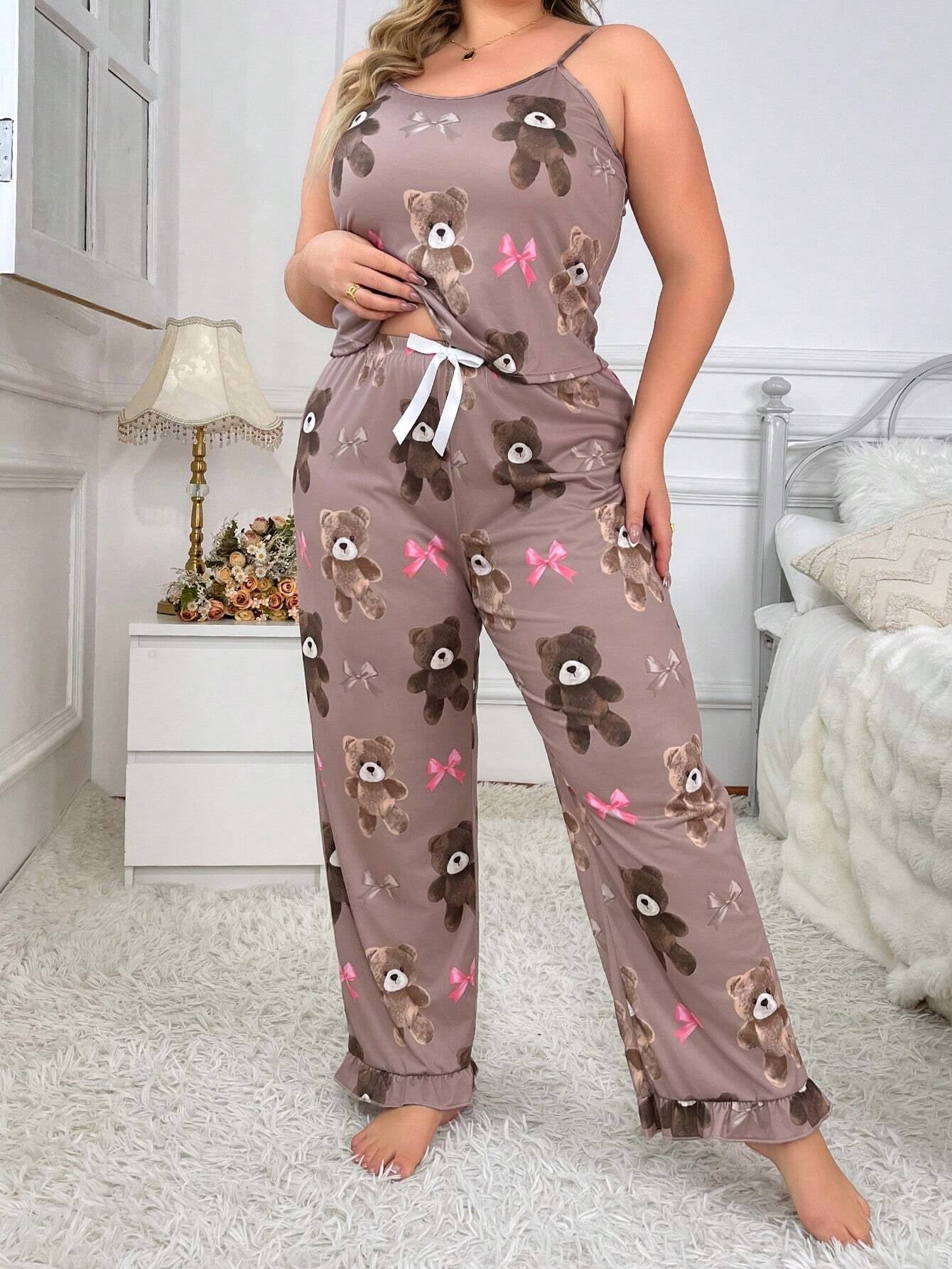 Plus Size Women'S Bear Printed Camisole Top and Pants Pajamas Set