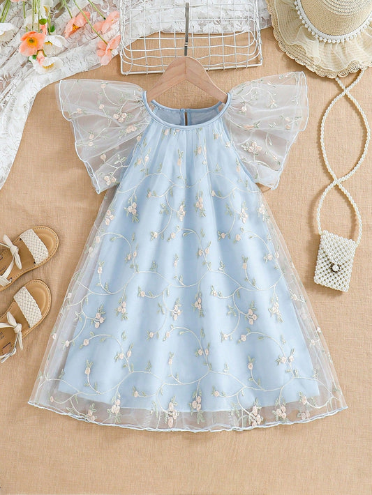 Young Girls' Mesh Embroidery Dress with Ruffle Hem