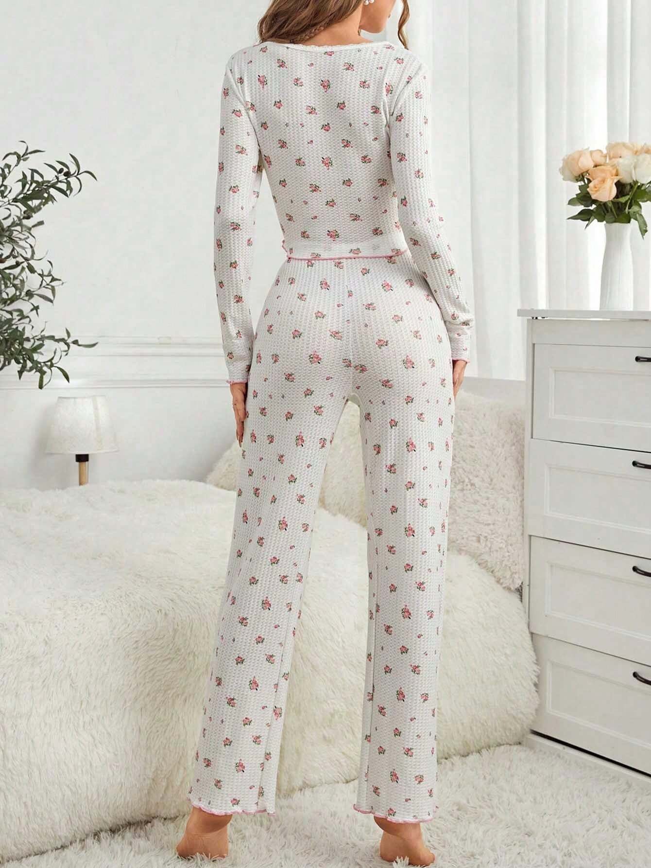 Women'S Floral Print Lettuce Edge Pajama Set