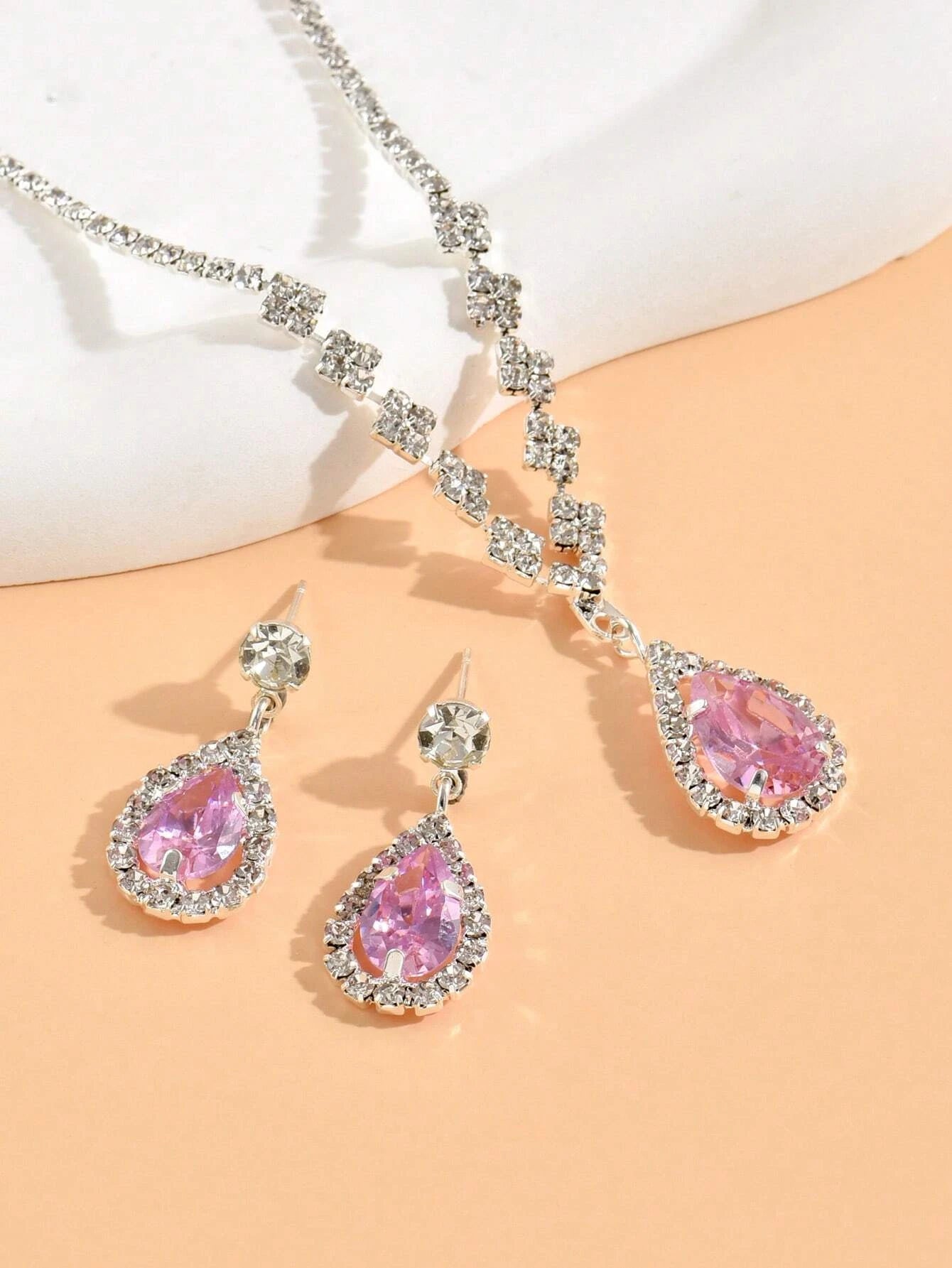 Rhinestone Water-Drop Charm Necklace & Drop Earrings for Women for Party Banquet Wedding