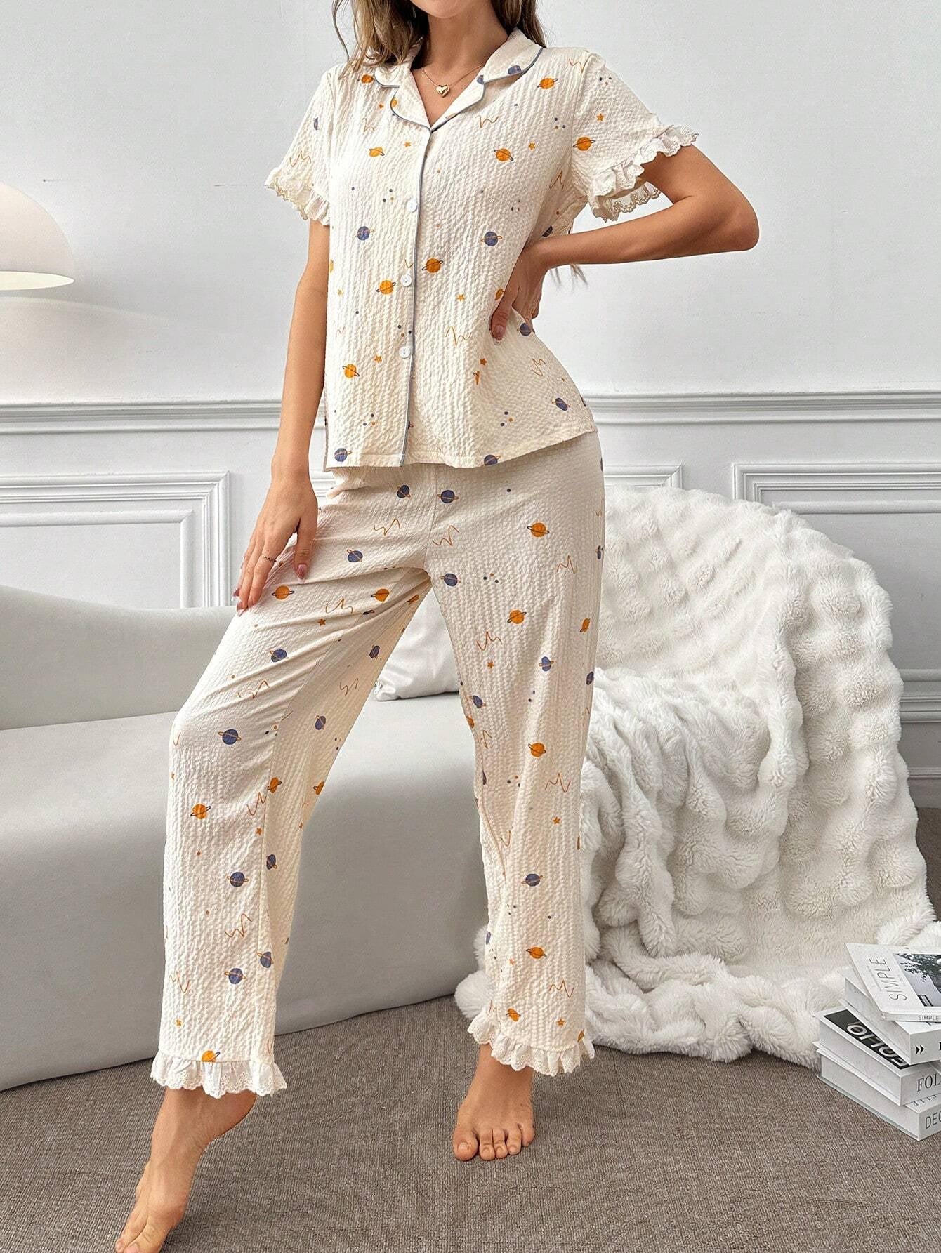 Fun Planet Print Outfit with Stitched Collar and Frill Trim Short Sleeve Top and Long Pants