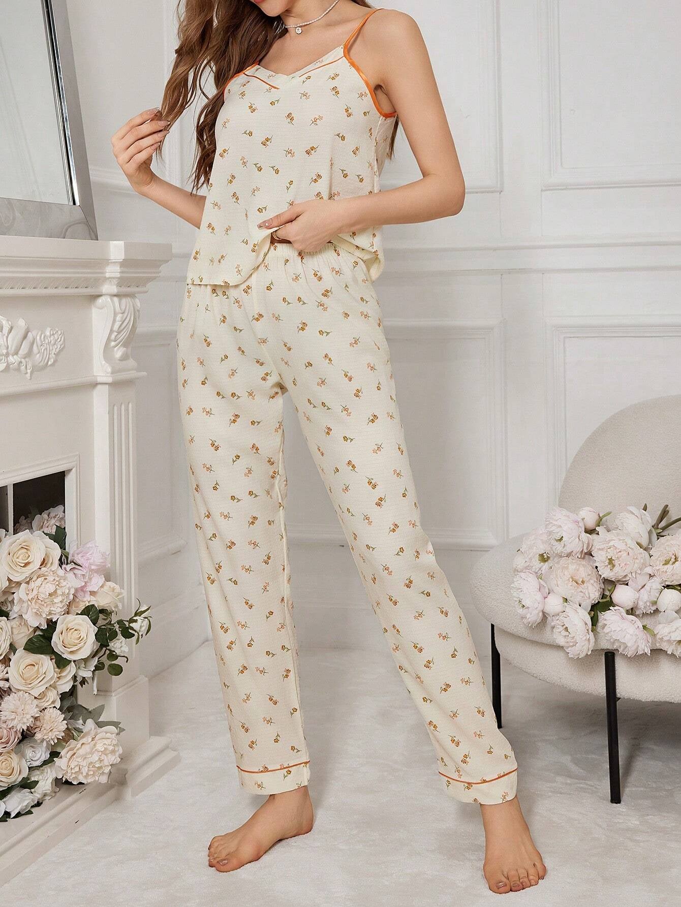 Floral Print V-Neck Camisole Top and Pants Pajama Set