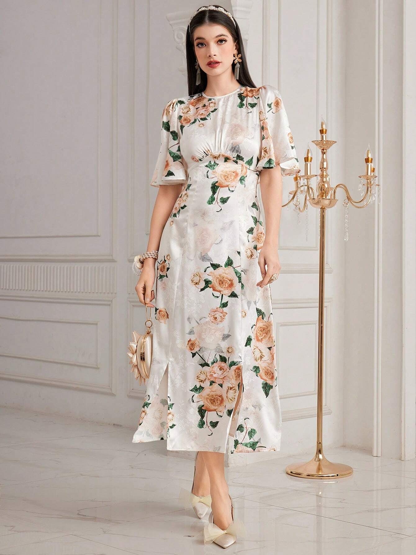 Modely Women'S Floral Printed Butterfly Sleeve Dress