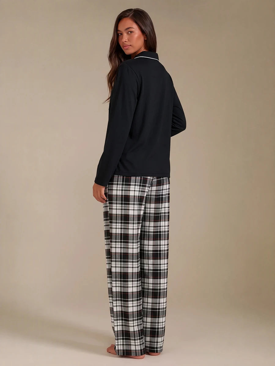 SHEIN Athîral طقم بيجامة قطعتين بلون أسود بنقشة مربعات وأزرار وياقة