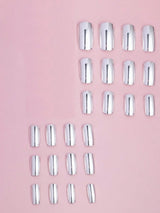 24Pcs Long Almond Press on Nails - Cool Metallic Chrome Champagne False Nails | Punk Metal Chrome Finish Medium Reusable Fake Nails in 12 Sizes - Nail Kits as Gift for Women and Girls & 1Sheet Tape & 1Pc Nail File