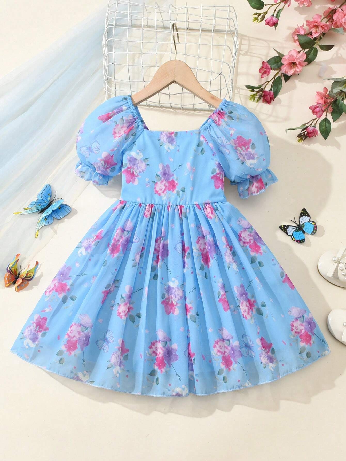 Young Girl'S Floral Printed Puff Sleeve Dress