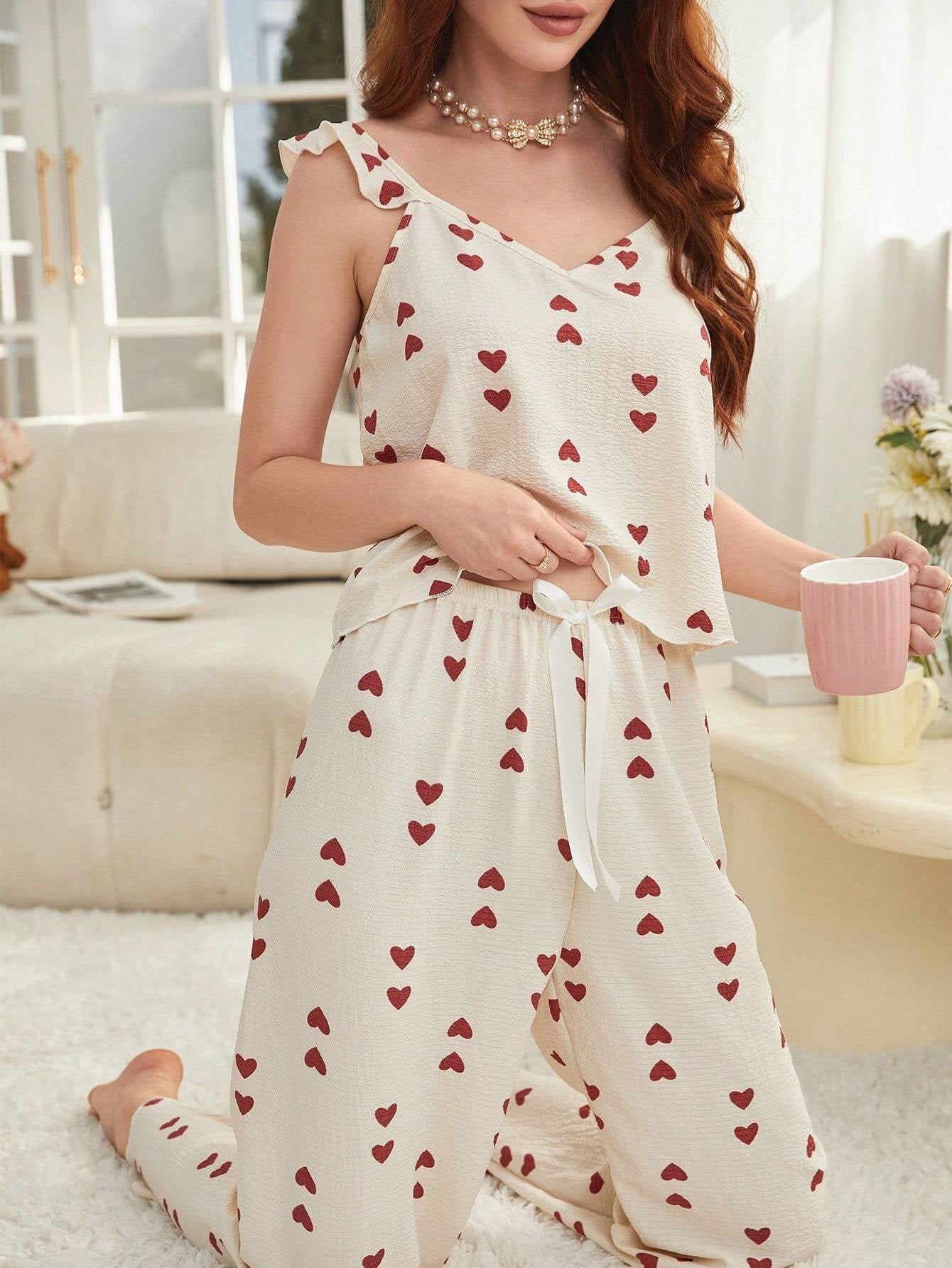 Heart Print Ruffle Trim PJ Set
