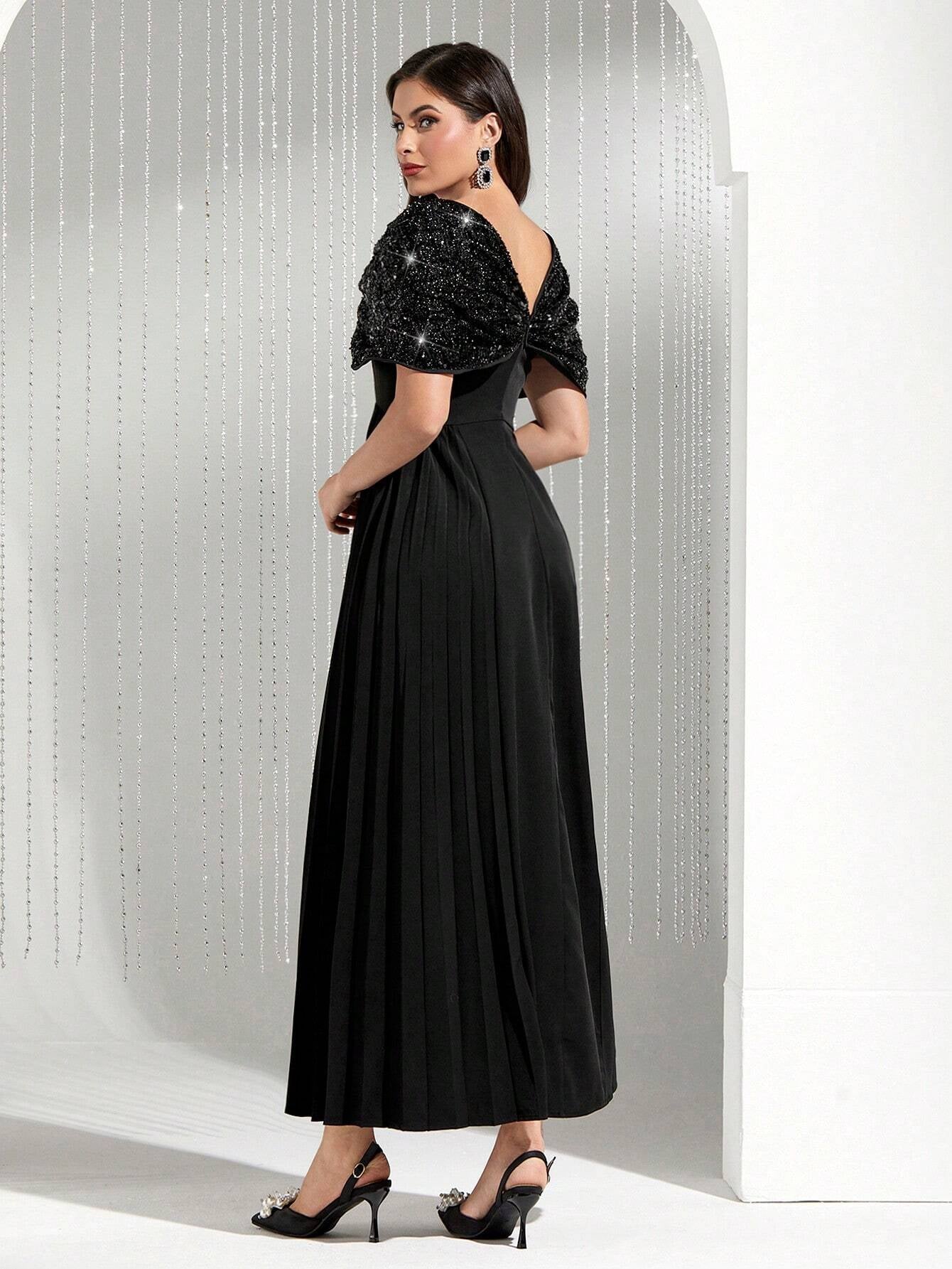 Modely Women'S Sequin Panel Pleated Hem Dress, No Belt Included