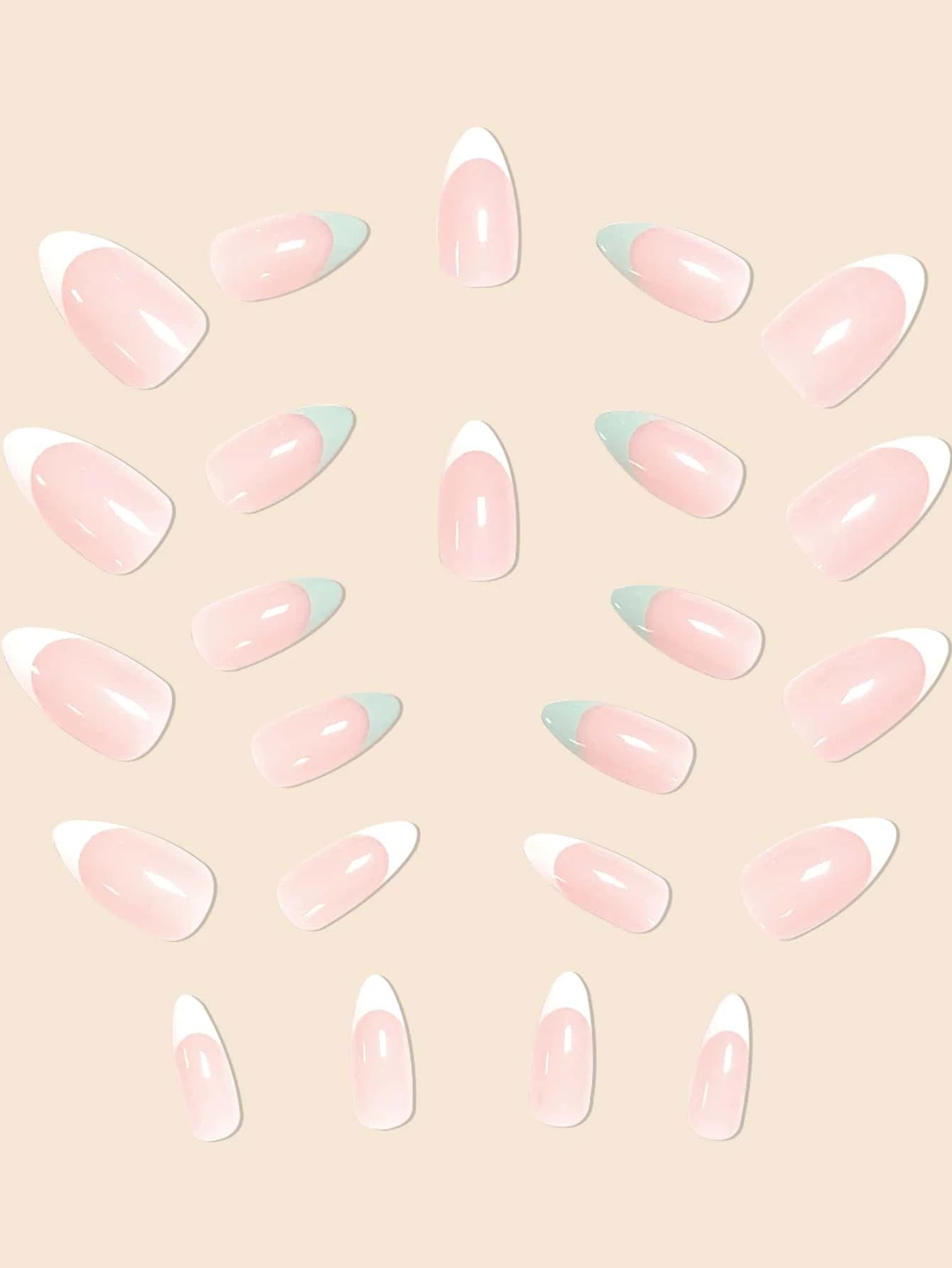 24Pcs/Set Water Drop Shaped False Nails with Blue and White French Manicure Style, Almond Shape with Pointed Tips, Including Jelly Glue and Nail File