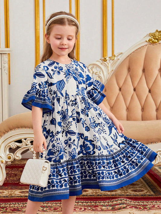 Young Girl Floral Print Flounce Sleeve Ruffle Hem Smock Dress