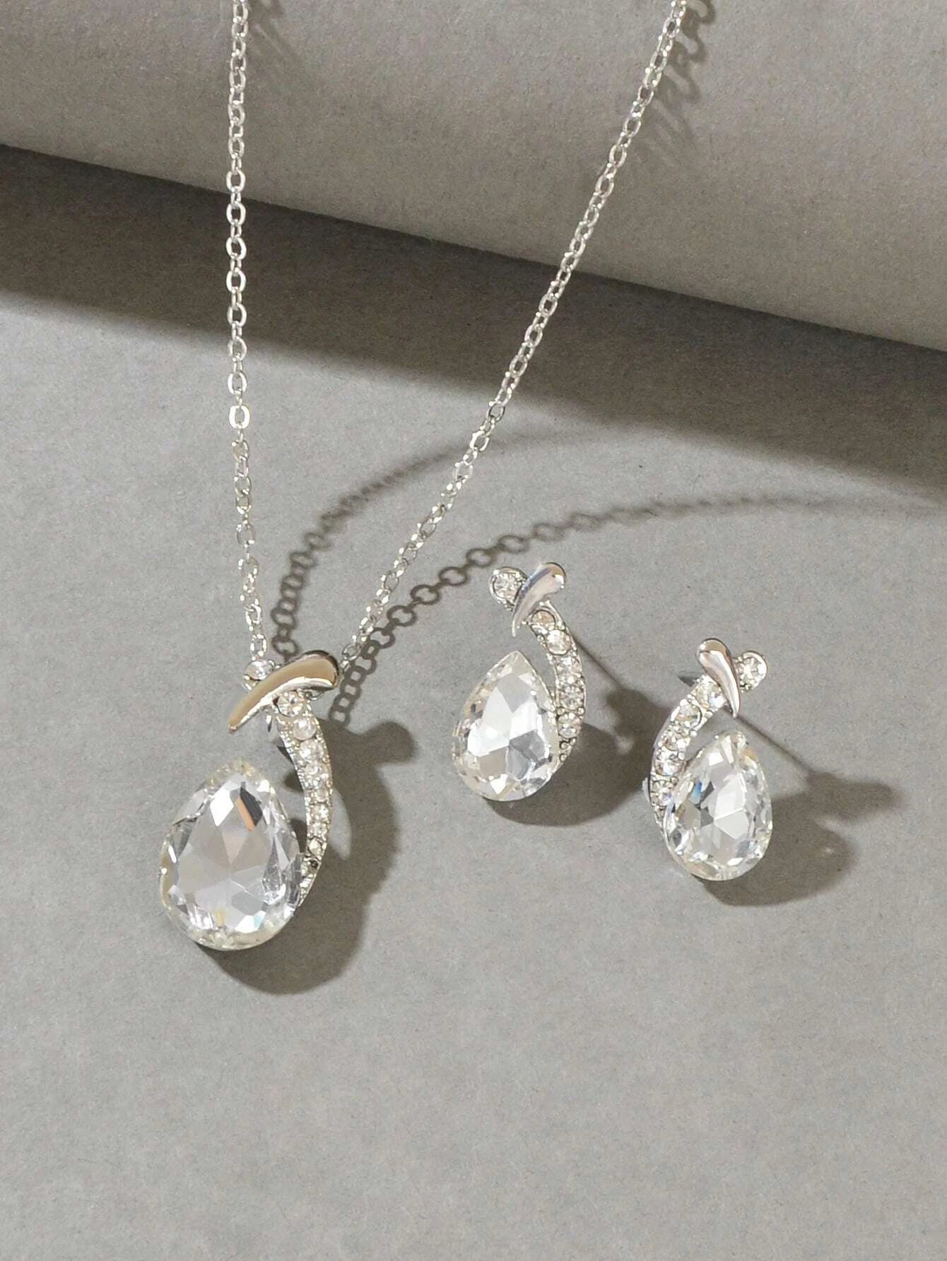 3Pcs/Set Glamorous Cubic Zirconia Water-Drop Decor Jewelry Set for Women for Daily Decoration