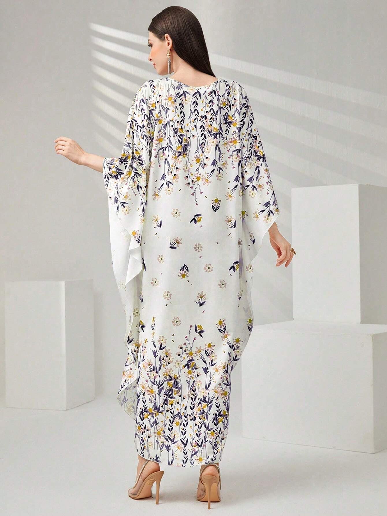Najma Women'S Floral Print Batwing Sleeve Turkish Long Shirt