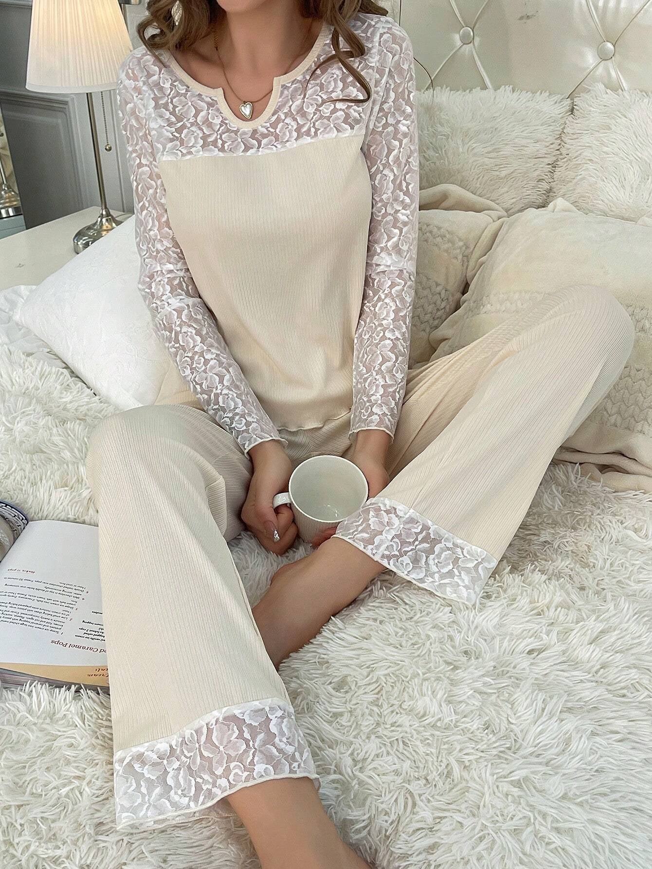 Contrast Lace Notched Neckline Contrast Lace PJ Set