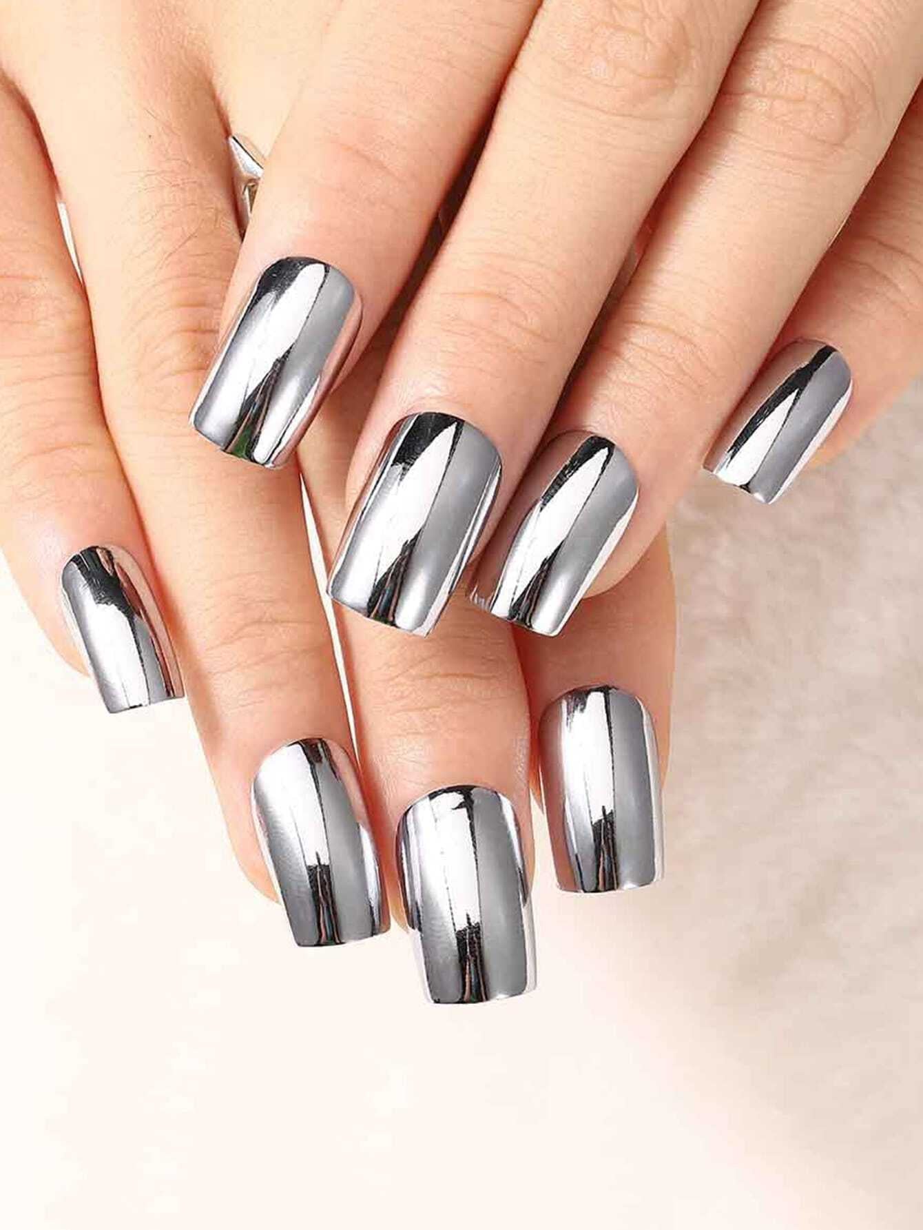 24Pcs Short Square Press on Nails - Cool Metallic Chrome Champagne False Nails | Punk Metal Chrome Finish Short Reusable Fake Nails in 12 Sizes - Nail Kits as Gift for Women and Girls & 1Sheet Tape & 1Pc Nail File